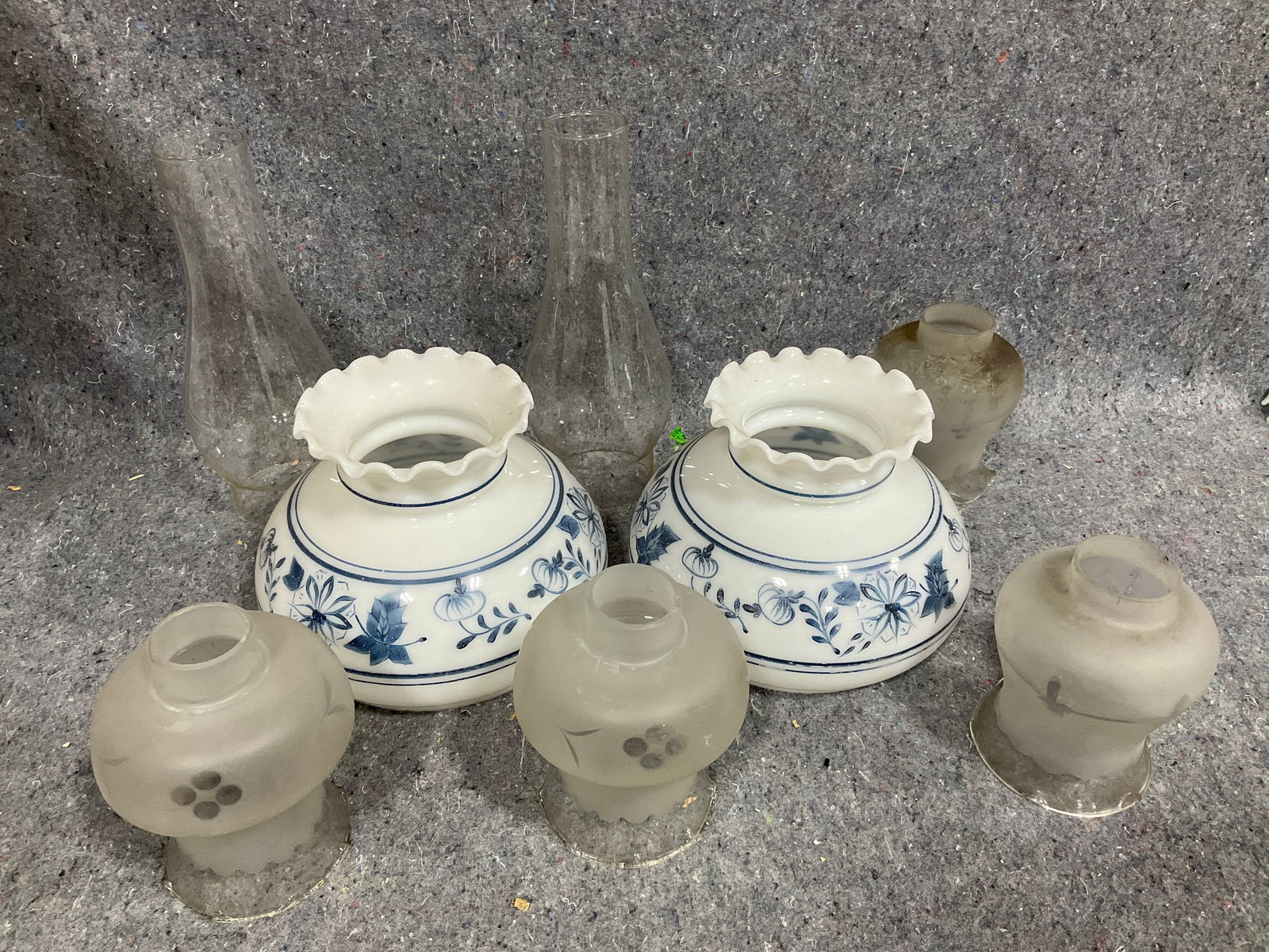 Vintage blue and white milk glass hurricane lampshades,glass chimneys, and more: Vintage blue and white milk glass hurricane lampshades,glass chimneys, and more