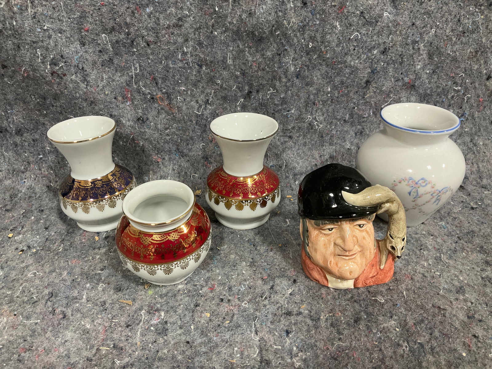 Miniature porcelain vases and Royal Doulton character jug: Miniature porcelain vases and Royal Doulton character jug