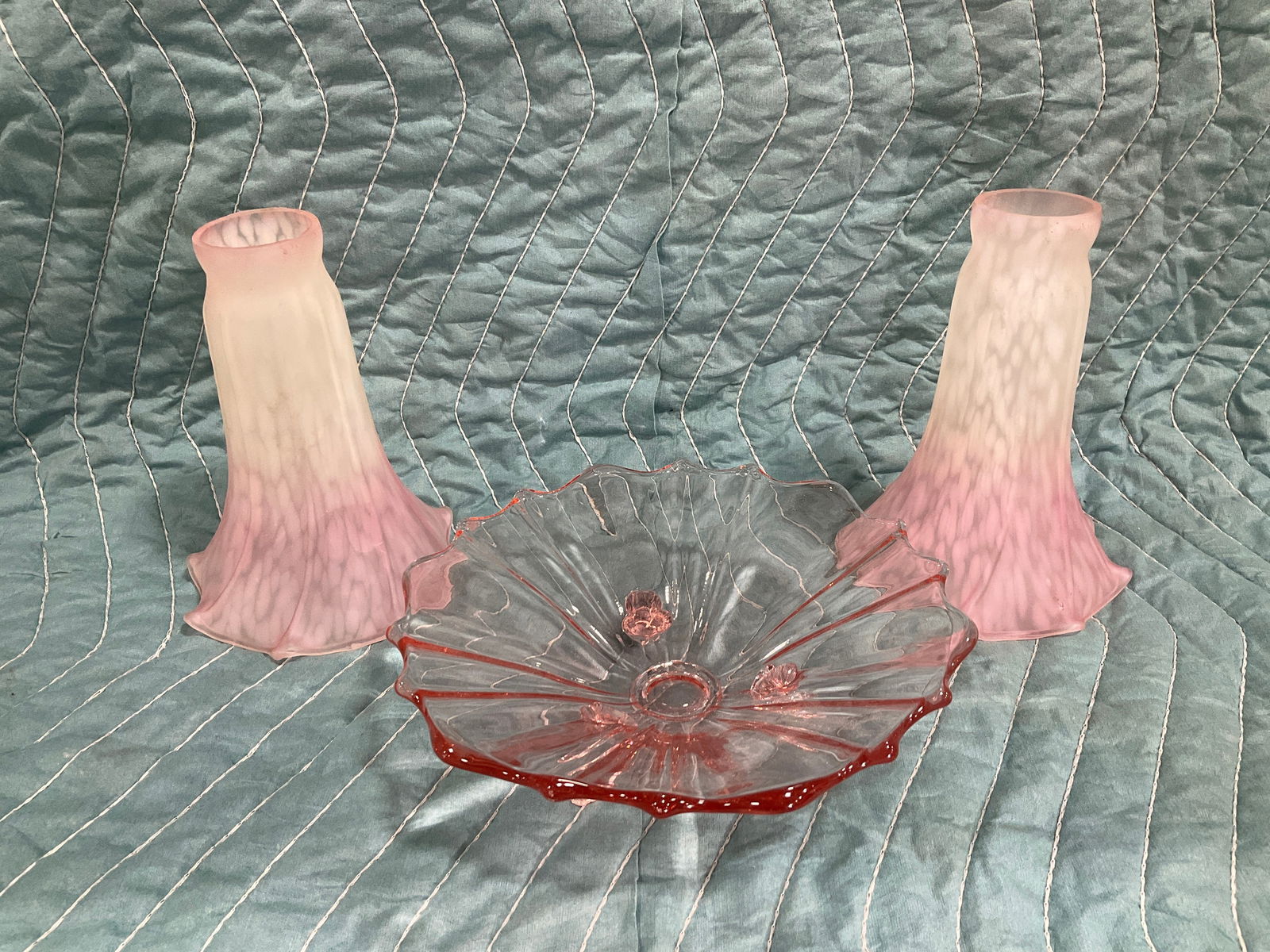 Lily tulip glass lampshades(6in tall) and pink depression glass candy dish: Lily tulip glass lampshades(6in tall) and pink depression glass candy dish