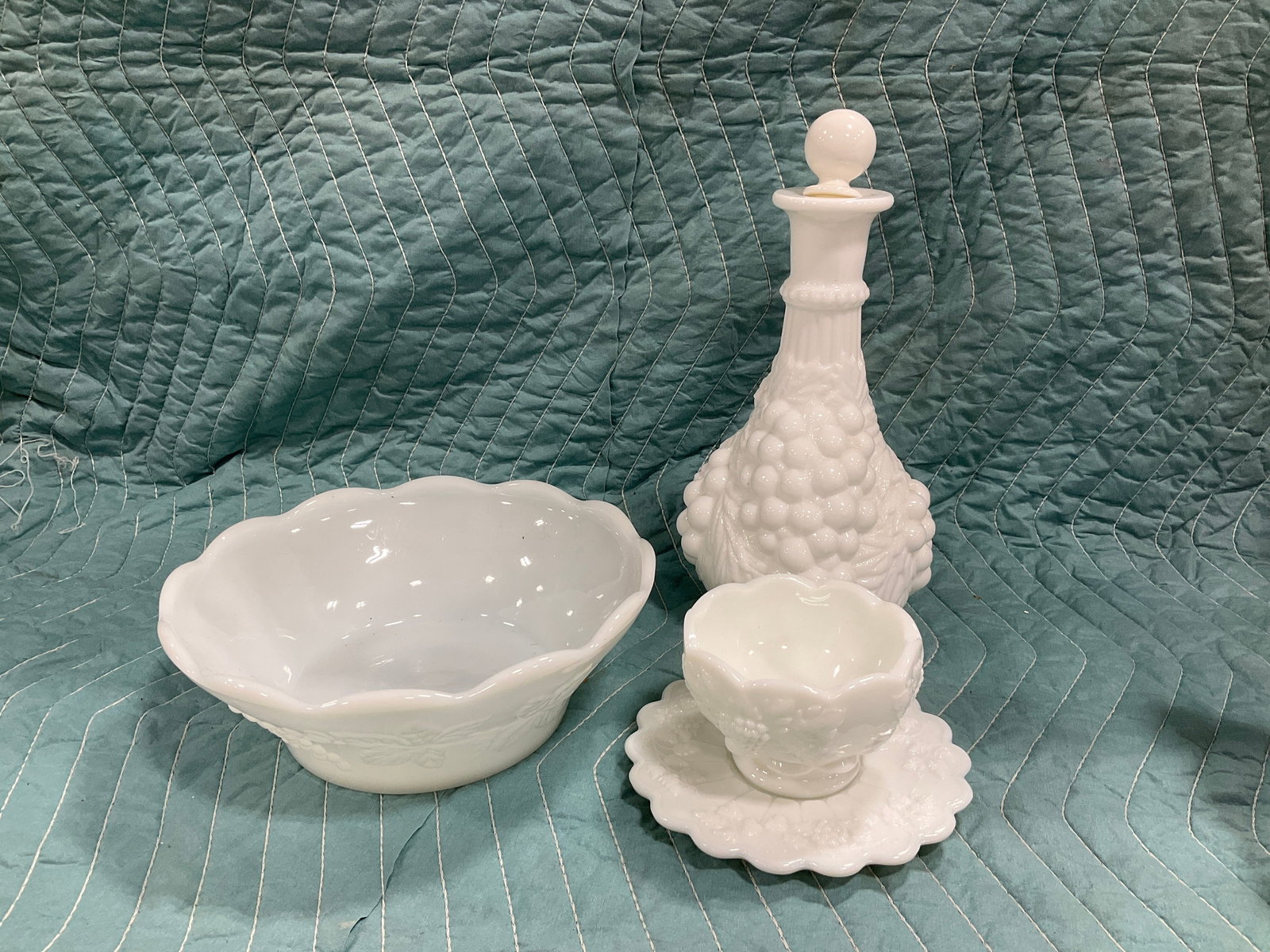 Vintage milk glass grape pattern decanter(10.75in tall),milk glass grape pattern bowl, and (1 of 1)