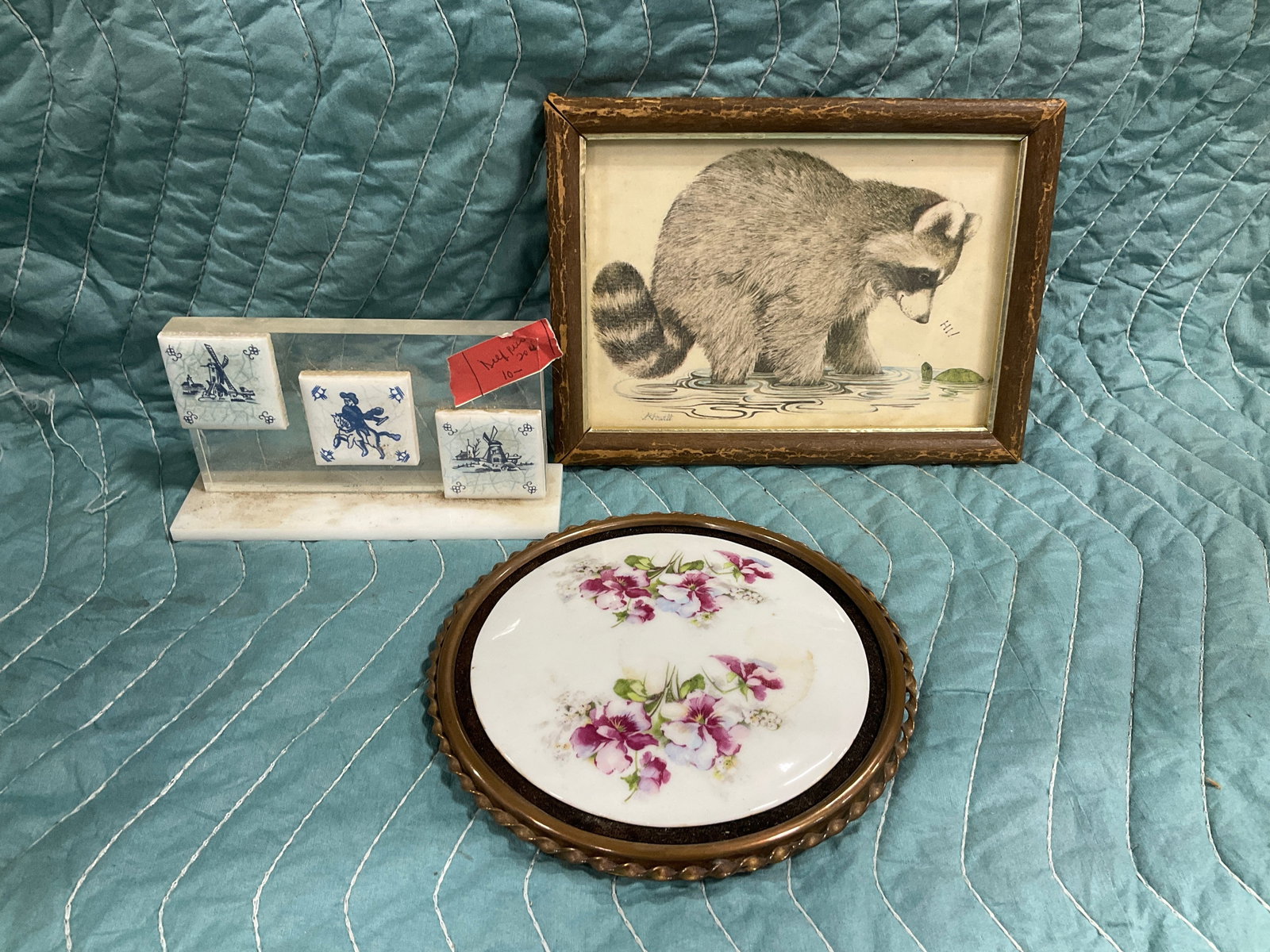 Delft tiles on display stand, framed raccoon artwork by Lina Powell(5.75inx7.75in), and more ' (1 of 1)