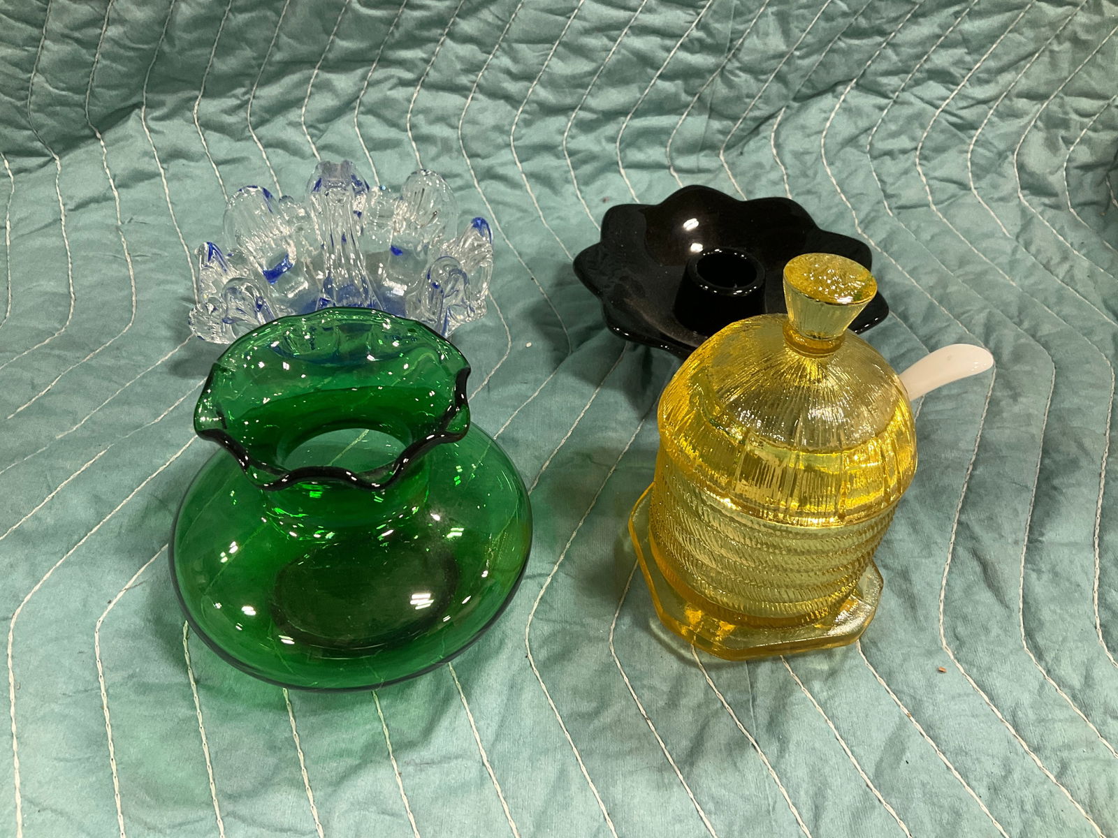 Vintage candleholder, green glass vase, glass basket, and more(tallest 5in): Vintage candleholder, green glass vase, glass basket, and more(tallest 5in)