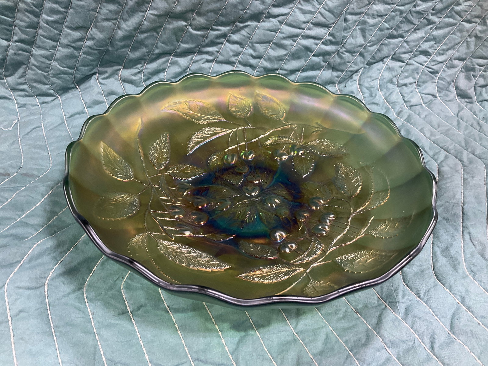 Green carnival glass bowl(2.5intall, 10in across) (1 of 1)