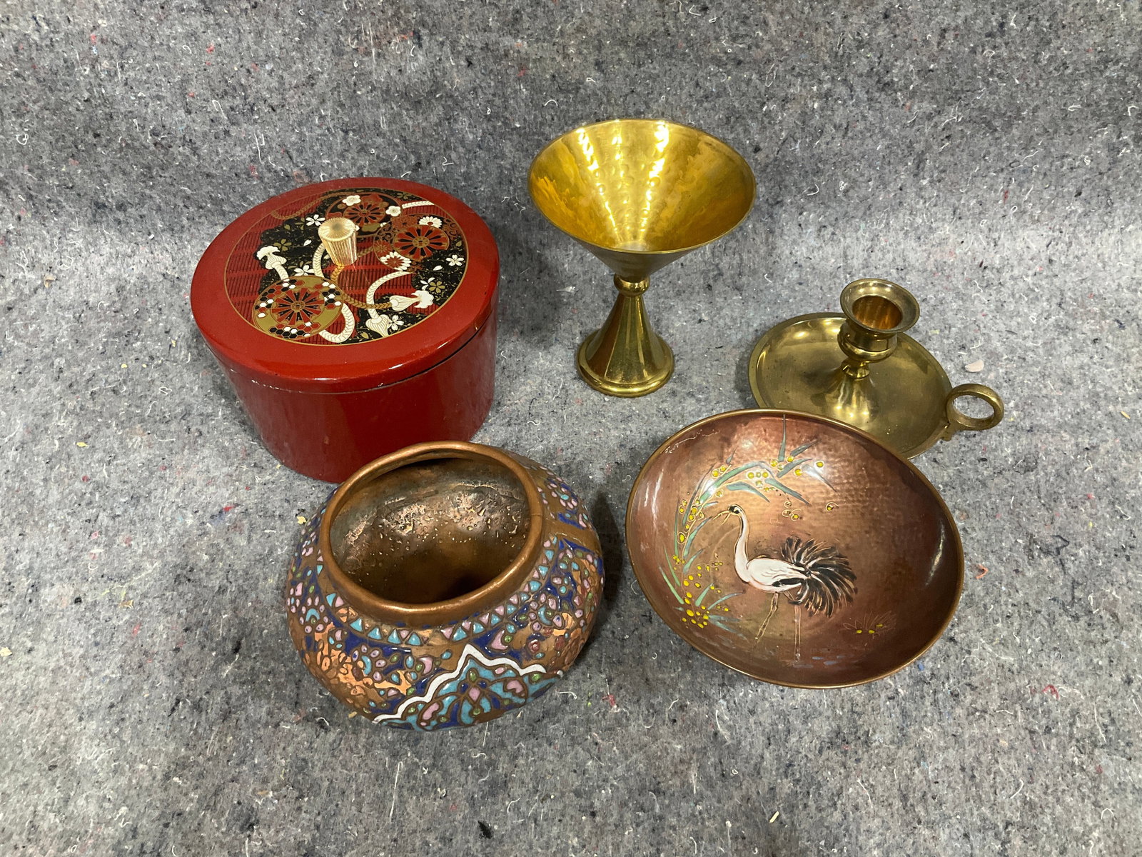 Bagitta Highland enamel on copper bowl,Carolina Brass candleholder, and more(4.5in tallest) (1 of 1)