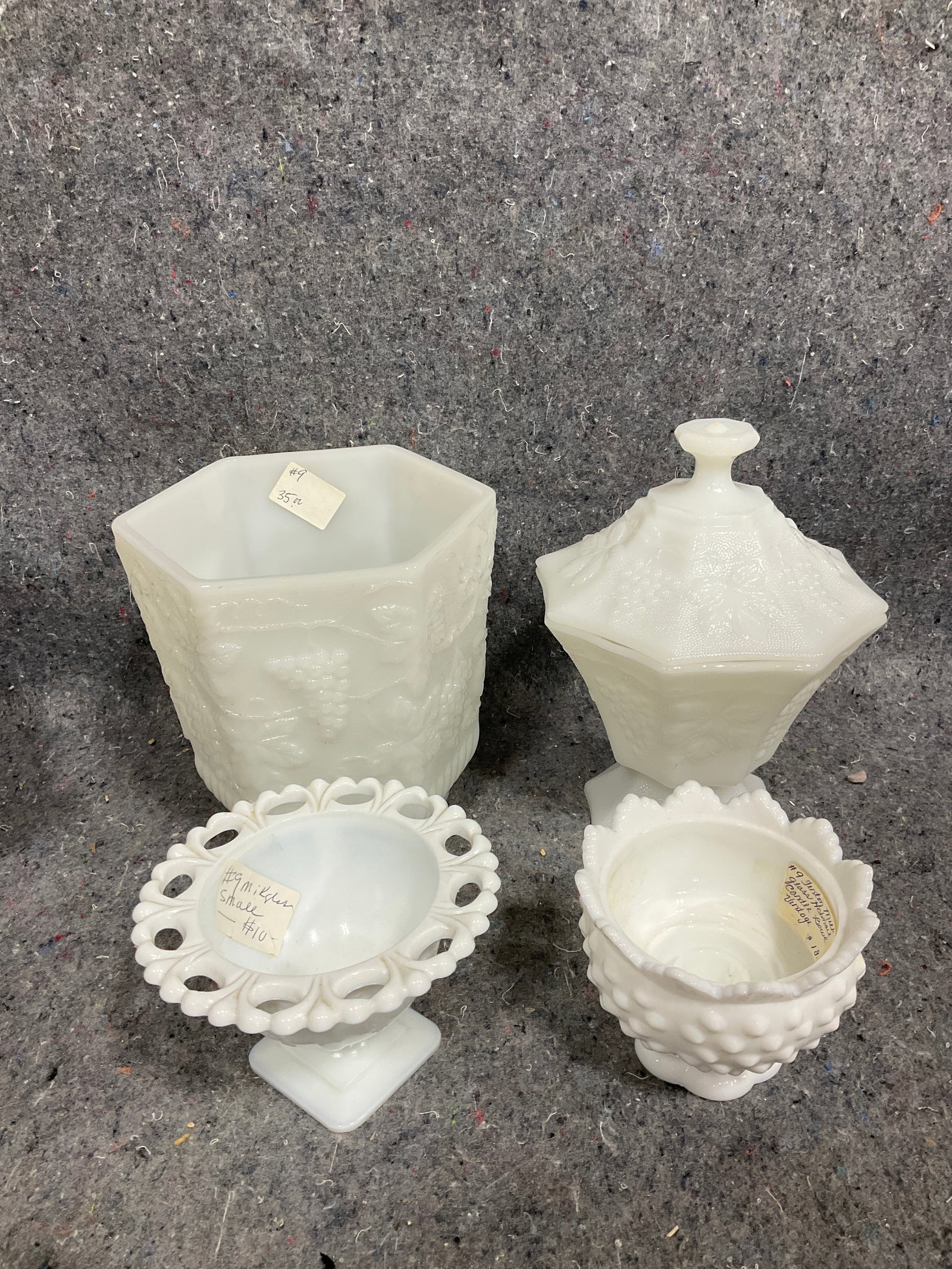 Vintage milk glass candy dish with lid(8.5in tall), Fenton honbail candle bowl, and more: Vintage milk glass candy dish with lid(8.5in tall), Fenton honbail candle bowl, and more