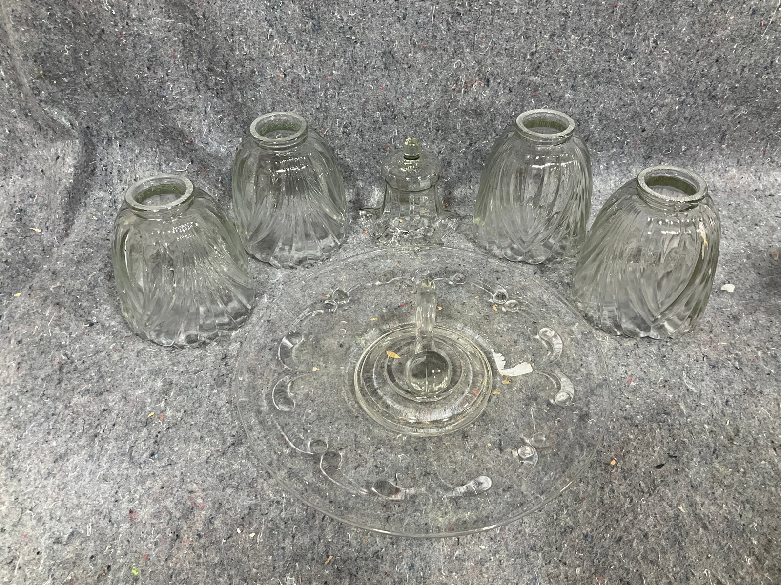 Glass lampshades(tallest 5.5in) and Tiara sandwich clear glass center handle tray: Glass lampshades(tallest 5.5in) and Tiara sandwich clear glass center handle tray