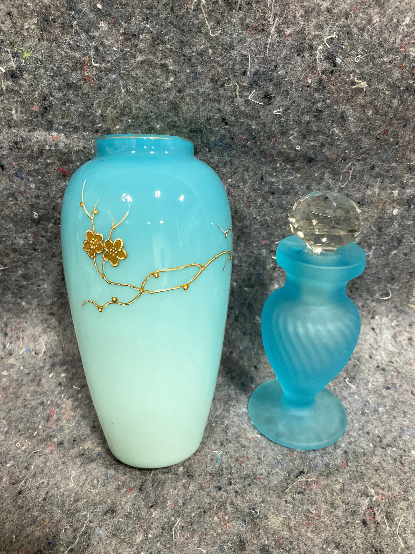 Blue Glass Decanter, and Blue Satin Vase (5.5in Tallest) (1 of 1)