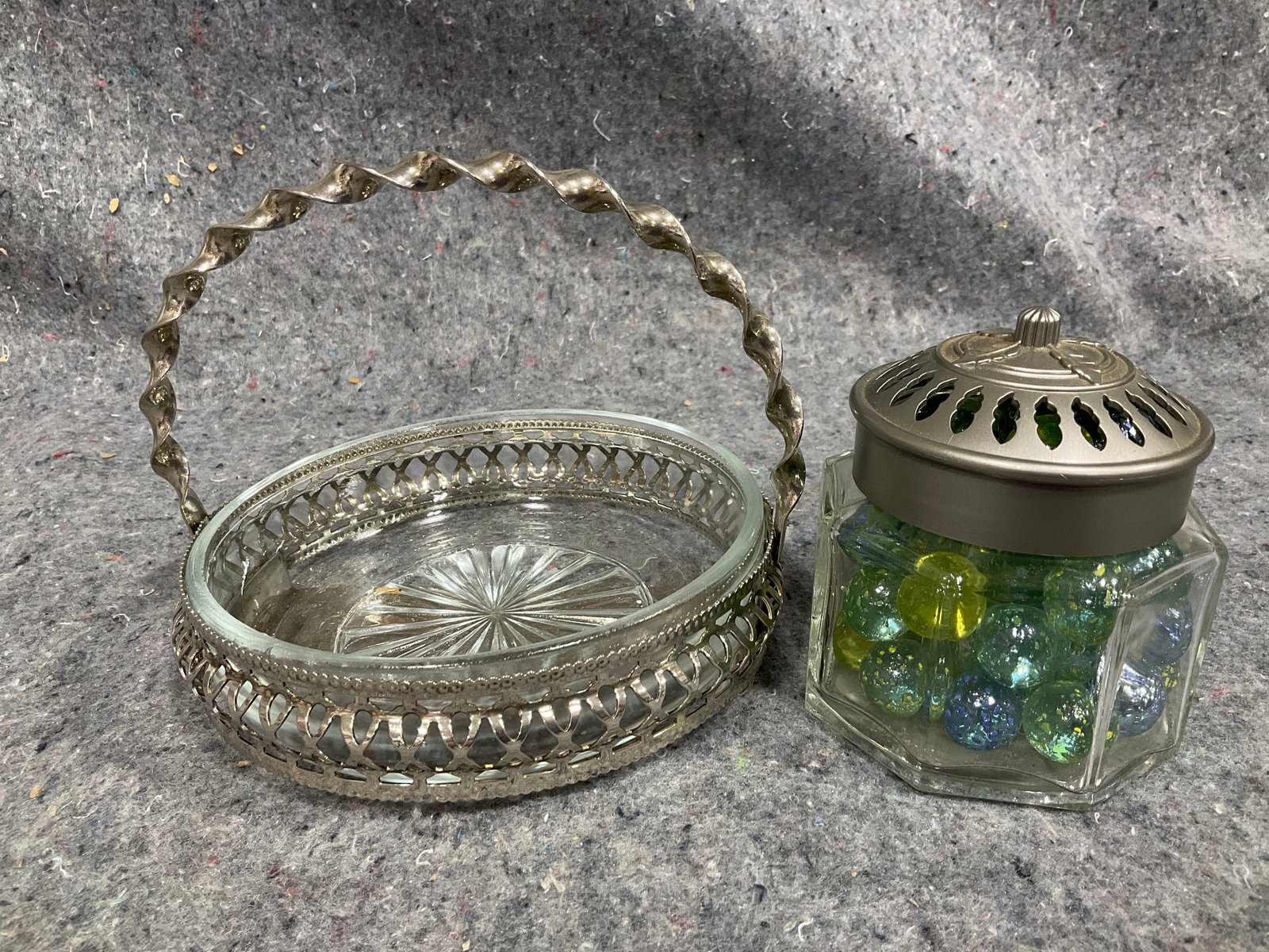 Crystal Bowl in Silver Plated Basket, and Jar of Marbles (Tallest - 5.5in) (1 of 1)