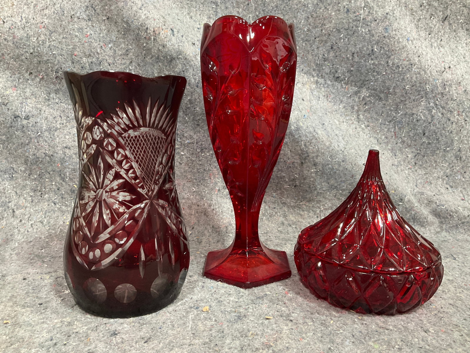 Red Glass Vases, and Lidded Candy Dish (Tallest - 9.5in) (1 of 1)