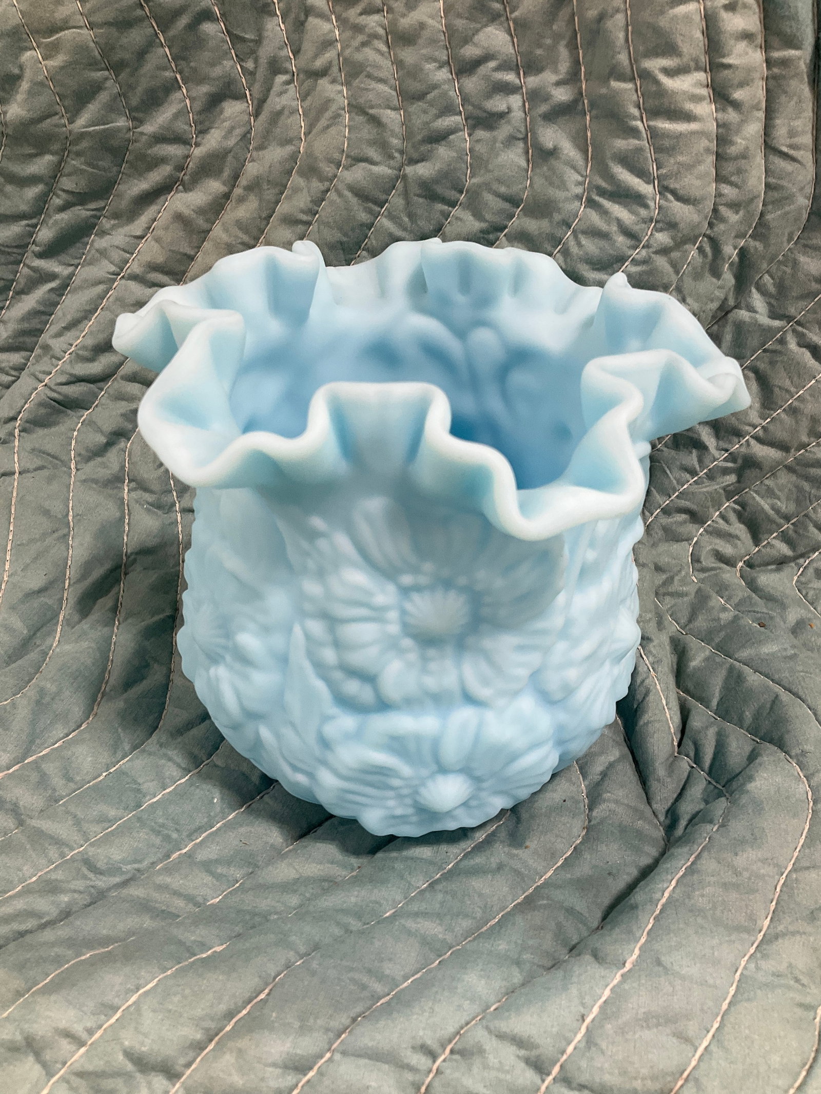 Fenton Blue Satin Glass Ruffled Vase (6in Tall) (1 of 1)