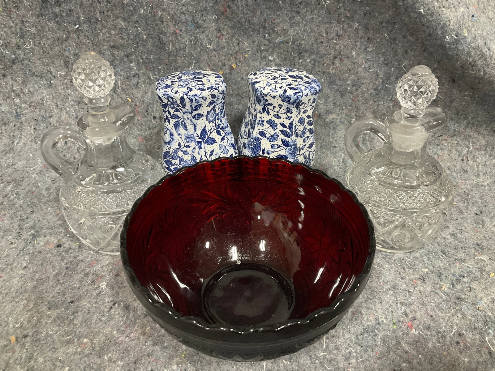 Crystal Decanters, Red Glass Bowl, and Pepper/Salt Shakers (1 of 1)