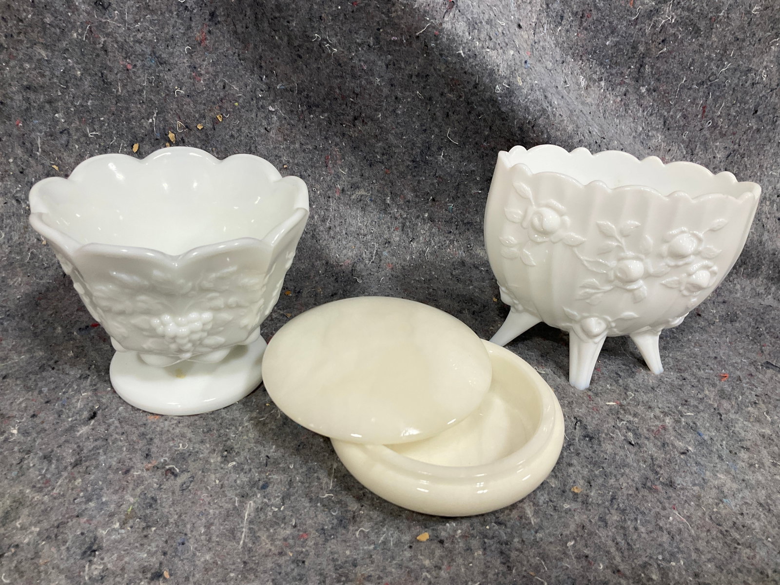 Milk Glass Vases, and Alabaster Swivel Top Trinket Box(Tallest - 4.5in) (1 of 1)
