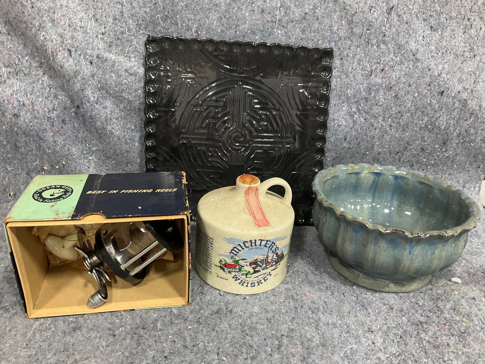 Vintage Fishing Reel, Green Glaze Pottery Bowl, Whiskey Jug, and more: Vintage Fishing Reel, Green Glaze Pottery Bowl, Whiskey Jug, and more
