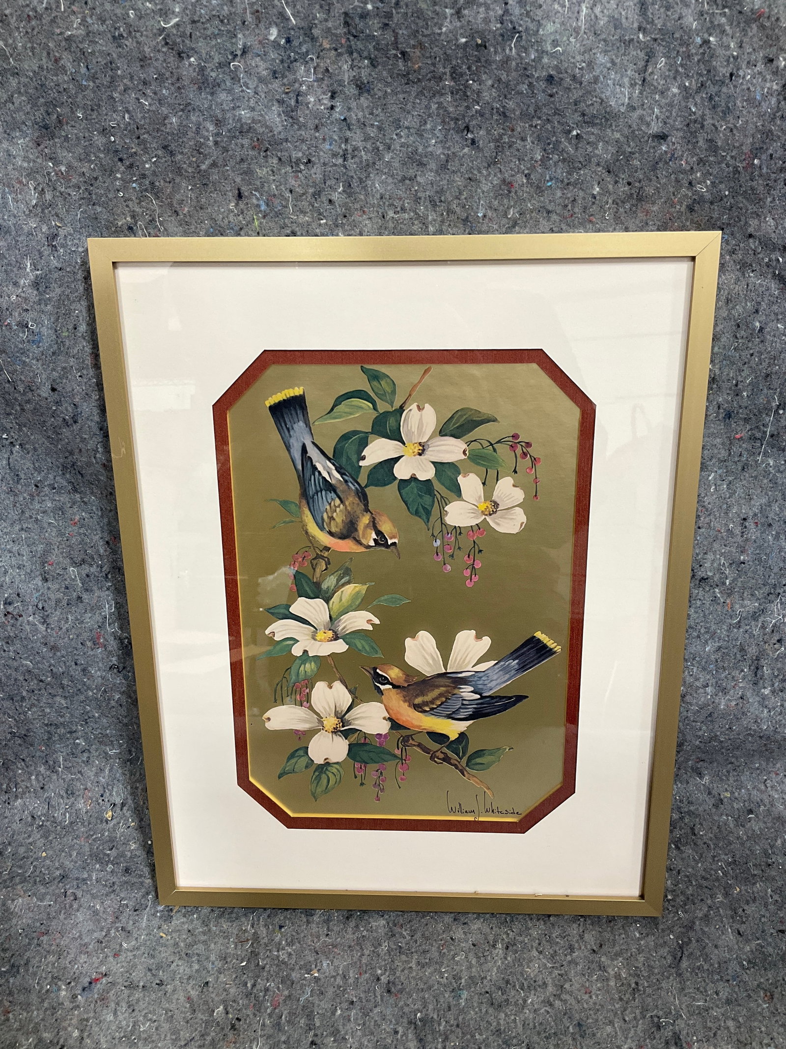 Vintage framed birds on dogwood artwork signed William J Whiteside(11inx14in) (1 of 1)