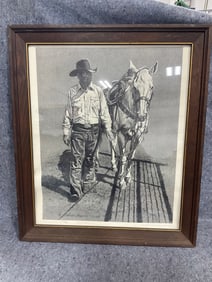 Framed Horse Art Print Signed Harold Holdien (24inx27.5in)