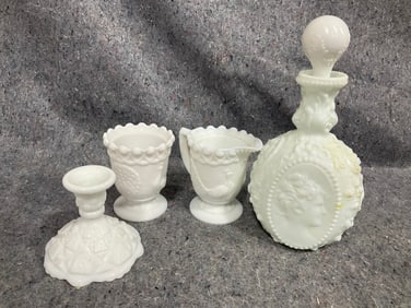 Early 1900s cologne bottle and other milk glass items(tallest 10.5in)