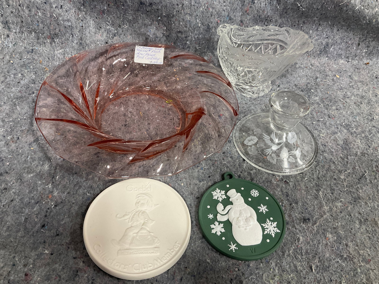 Mid century pink swirl bowl, crystal etched candleholder, and more(tallest 3.5in) (1 of 1)