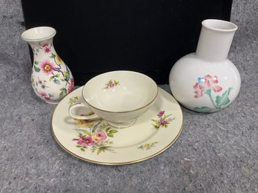 Vases and ceramic plate with teacup- Rosenthal, Old Foley, etc (Tallest - 5.5in)