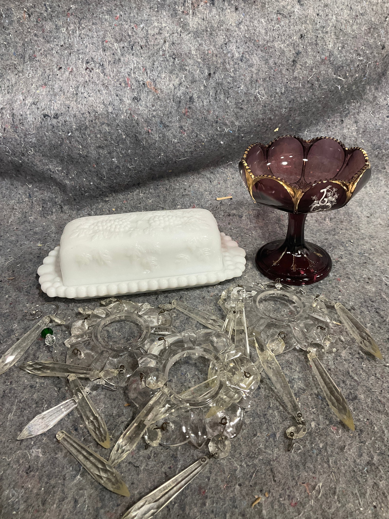Amethyst glass compote, milk glass butter dish with lid, and more(tallest 5in) (1 of 1)