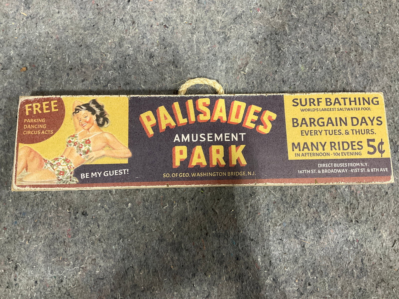 Palisades Amusement Park wooden sign(4inx16in) (1 of 1)