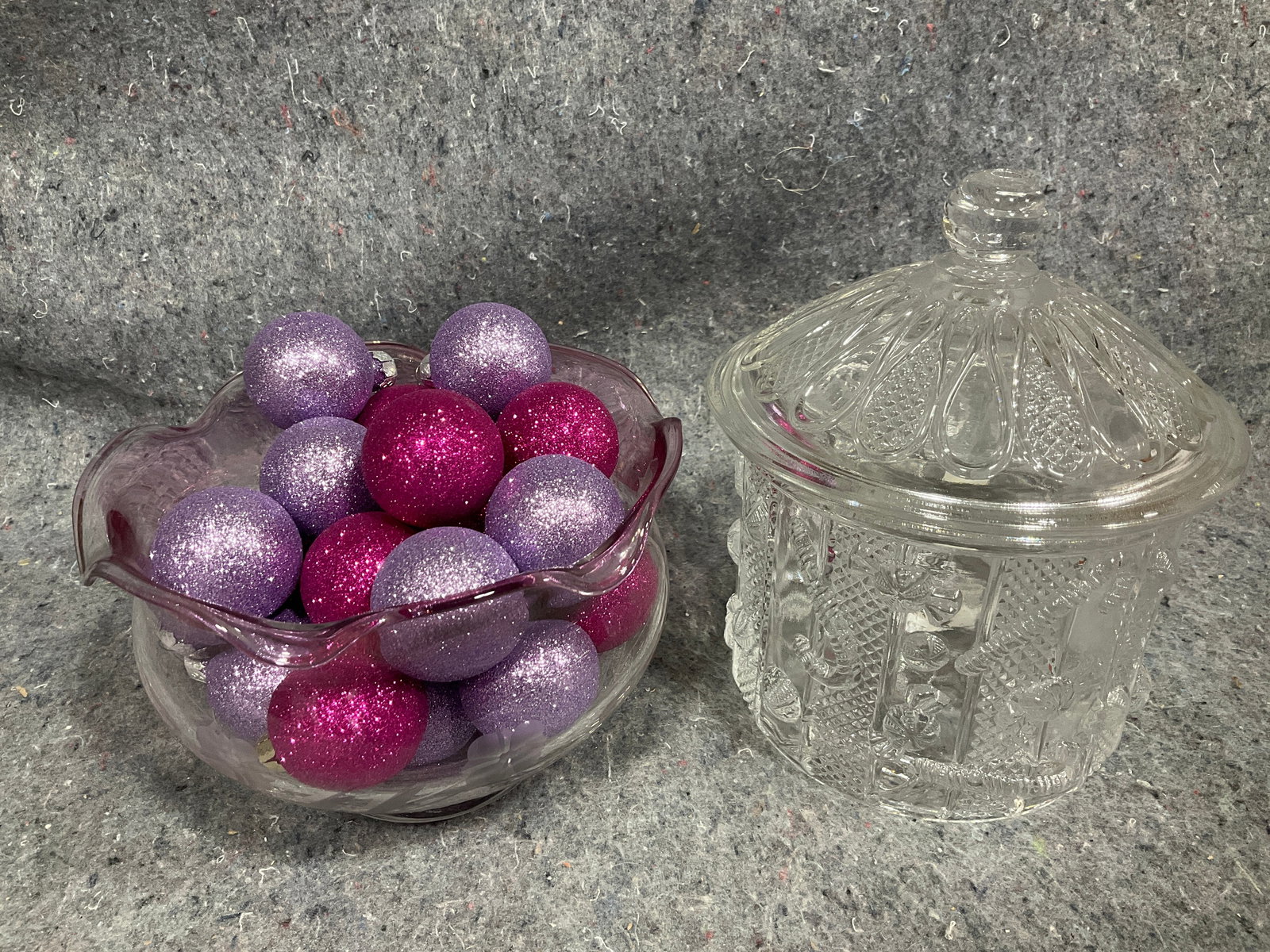 Williams Sonoma lidded crystal jar(7.5in tall) and glass bowl full of ornaments (1 of 1)
