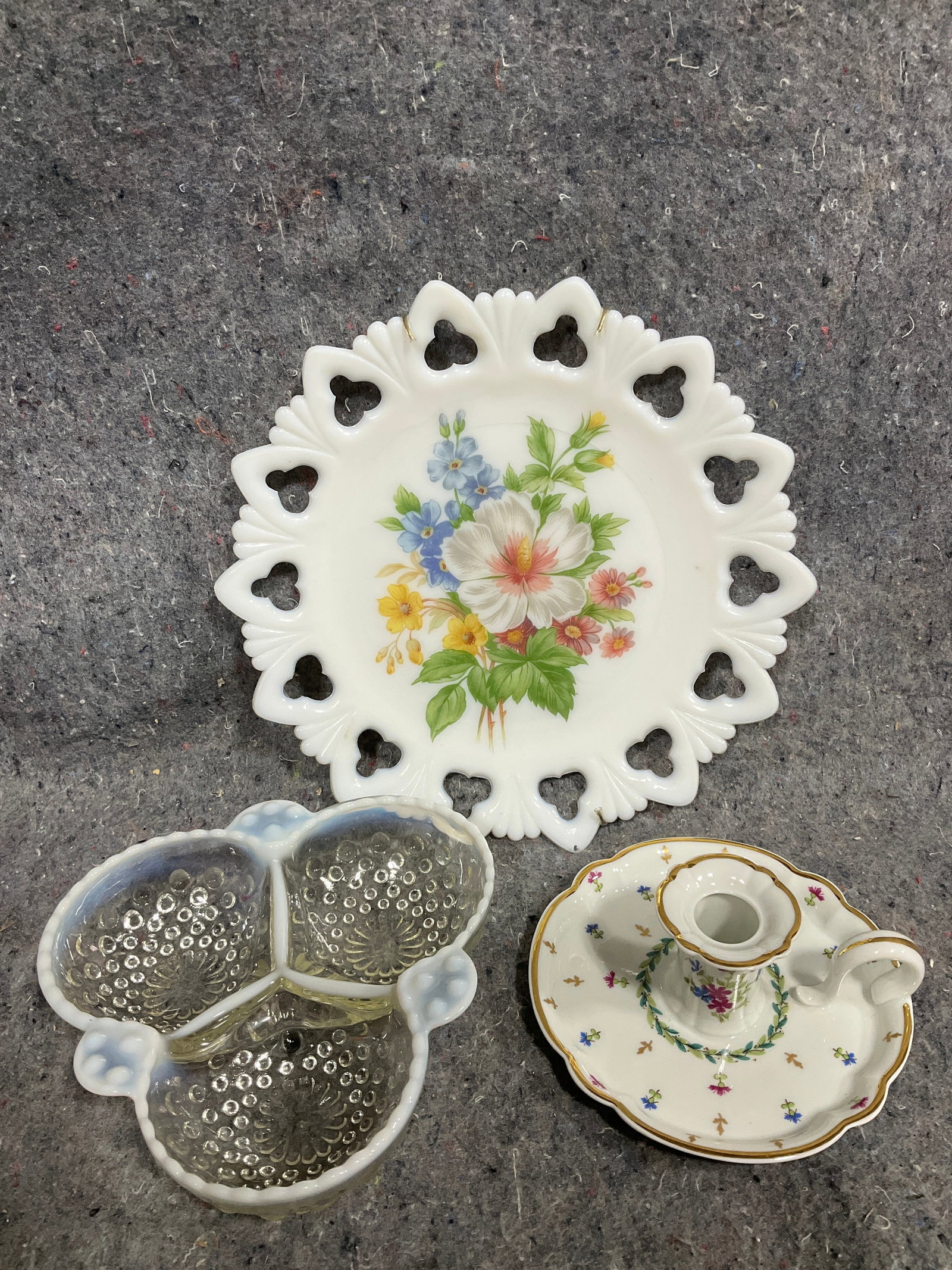 Milk glass floral dish(9.5in long), opalescent scetioned hobnail dish, and more (1 of 1)
