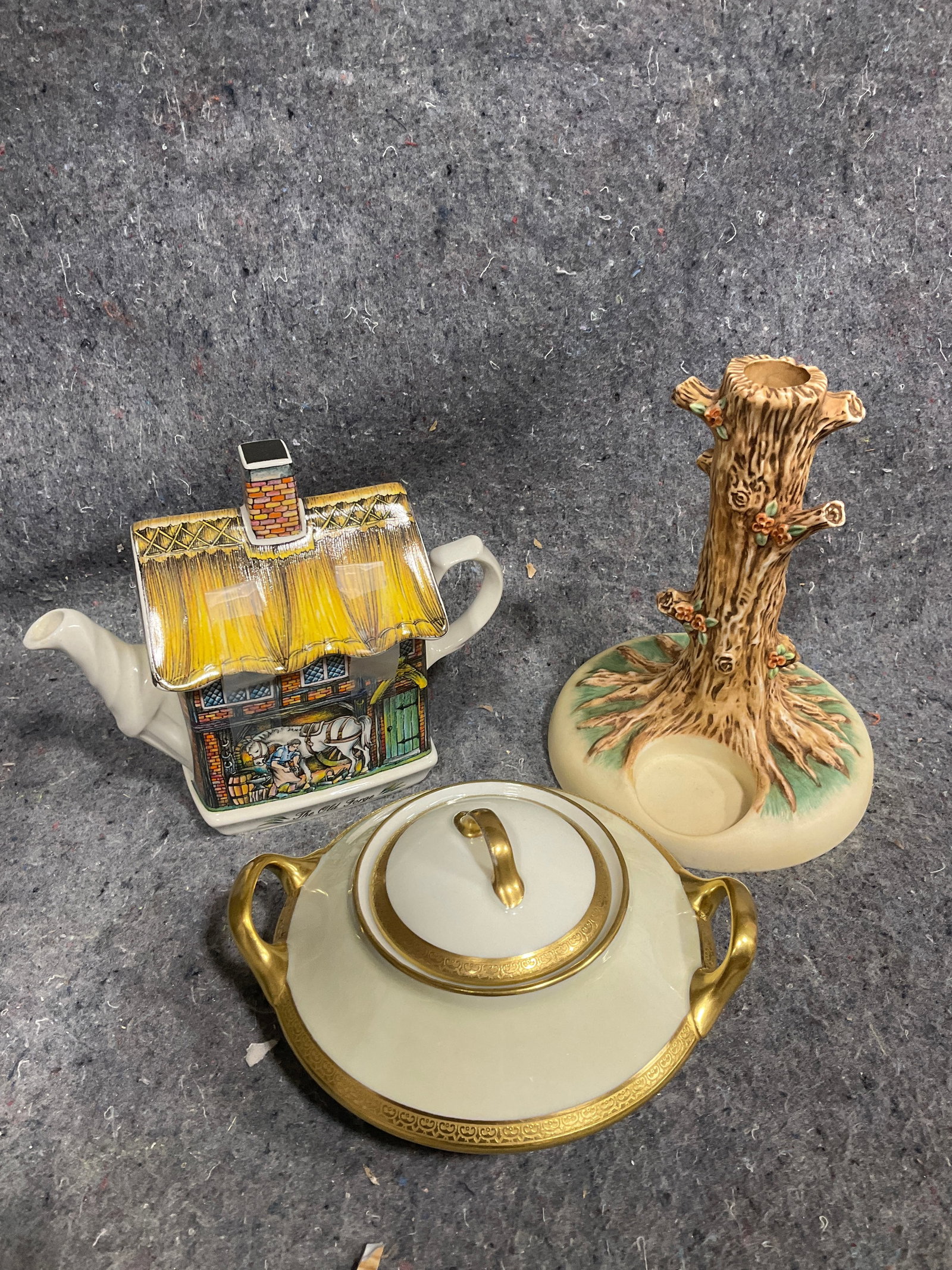 Goebel candleholder Limoges teaware, and The Old Forge ceramic model by James Sadler(7.5in tallest) (1 of 1)