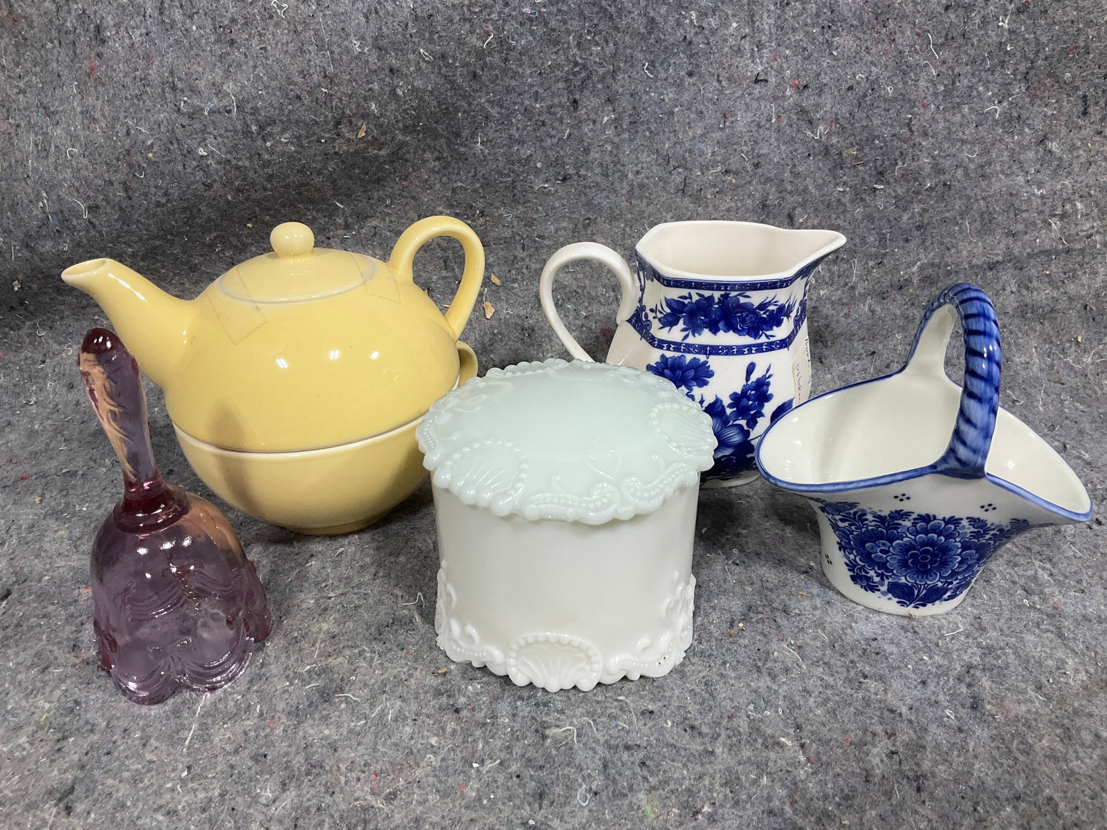 Delft handpainted basket, pink glass bell, milk glass trinket box, and more(tallest 4in) (1 of 1)