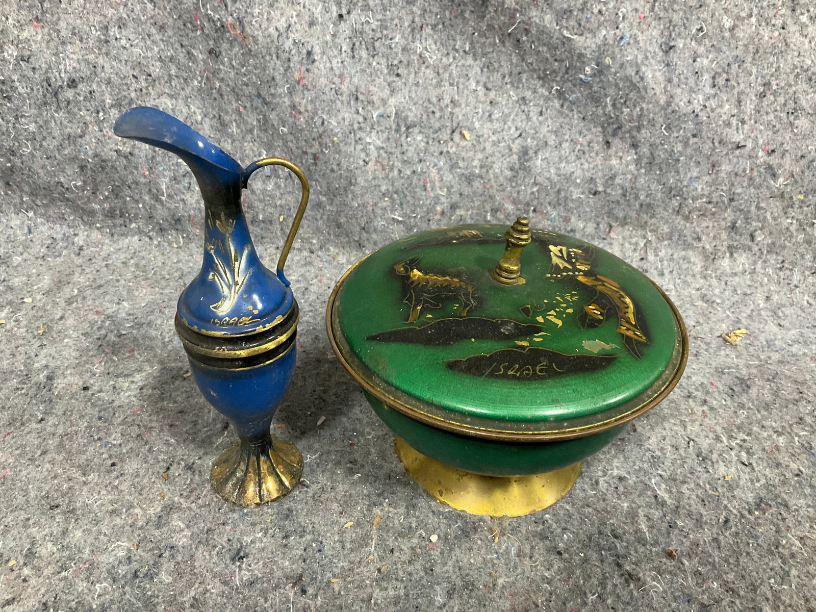 Vintage Enameled Brass Lidded Bowl, and Pitcher from Israel (Tallest - 7in): Vintage Enameled Brass Lidded Bowl, and Pitcher from Israel (Tallest - 7in)