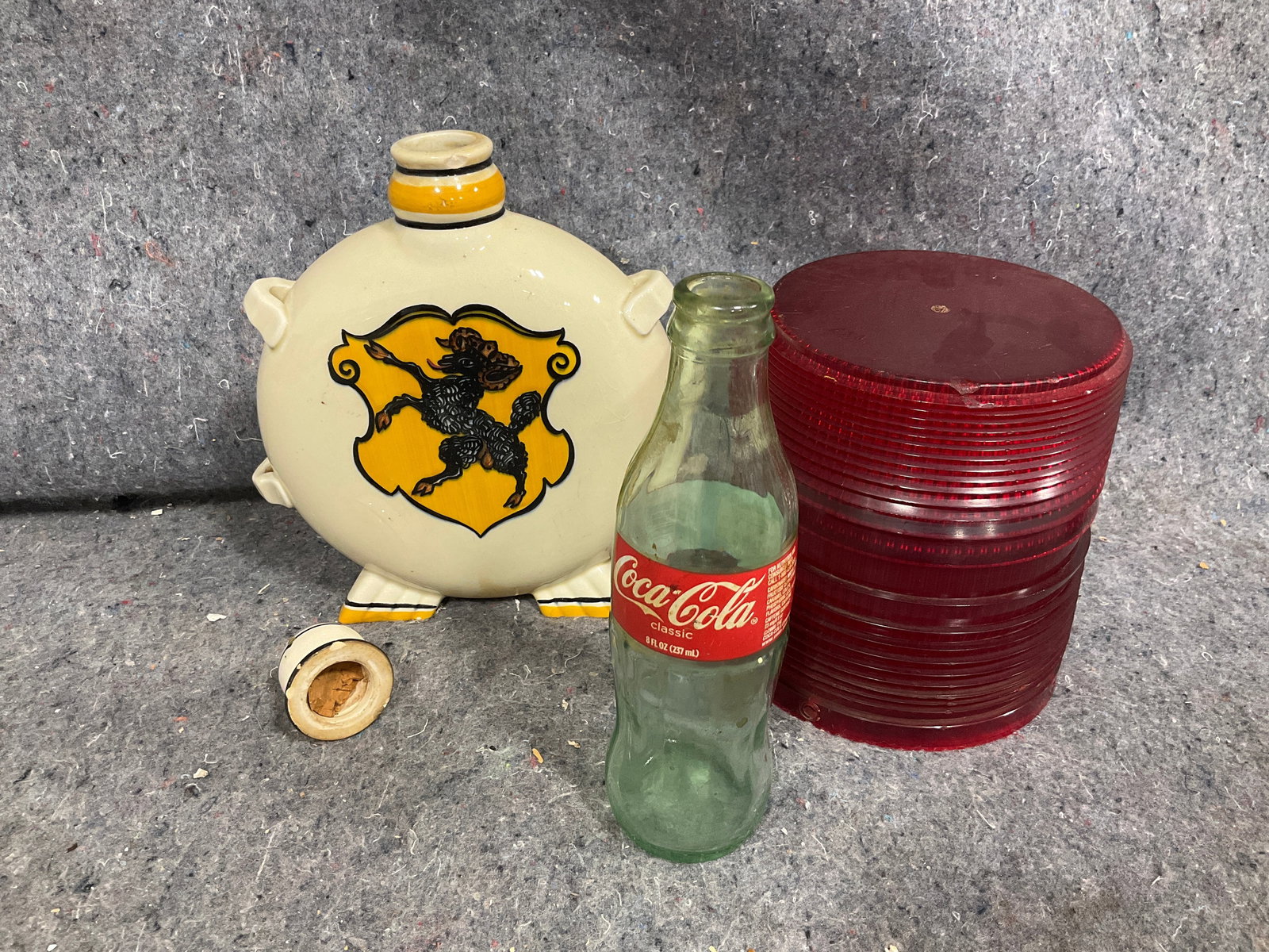 1960s red police lens, decanter(8in tall-slightly chipped), and more: 1960s red police lens, decanter(8in tall-slightly chipped), and more