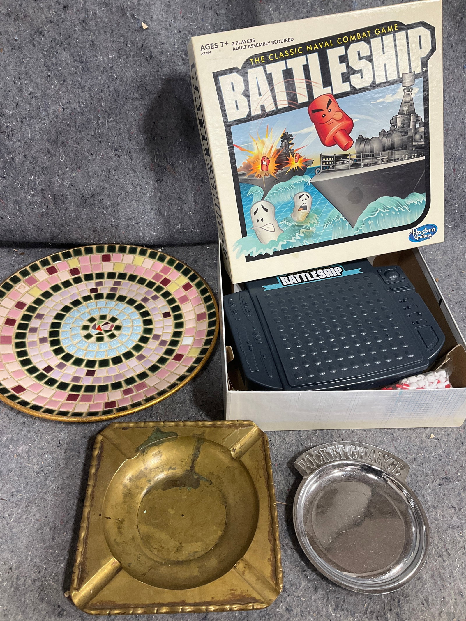 Battleship board game, brass ashtray, tile dish(11.5in across), and more (1 of 1)