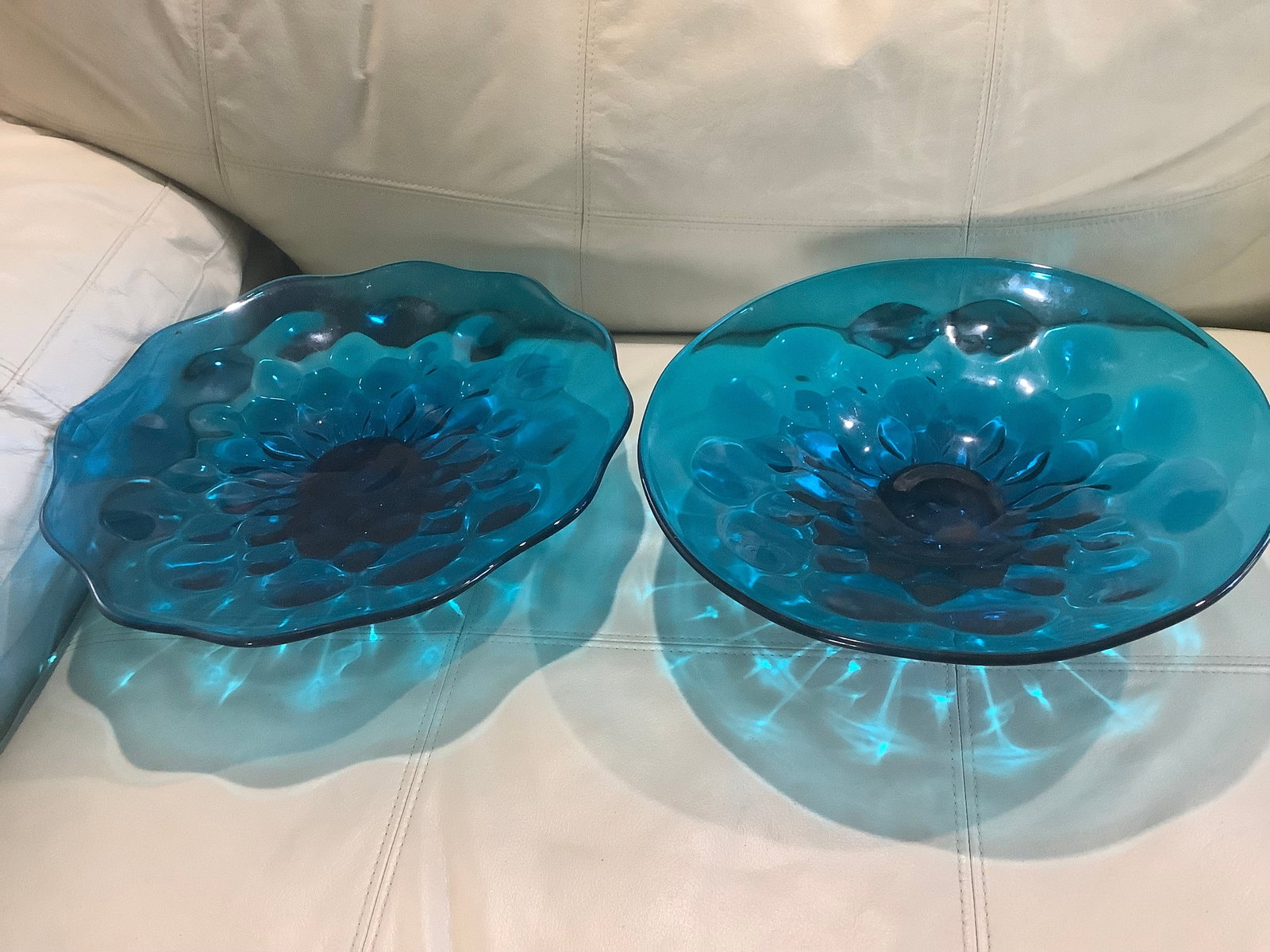 Blue pedestal candy dishes(12in across): Blue pedestal candy dishes(12in across)