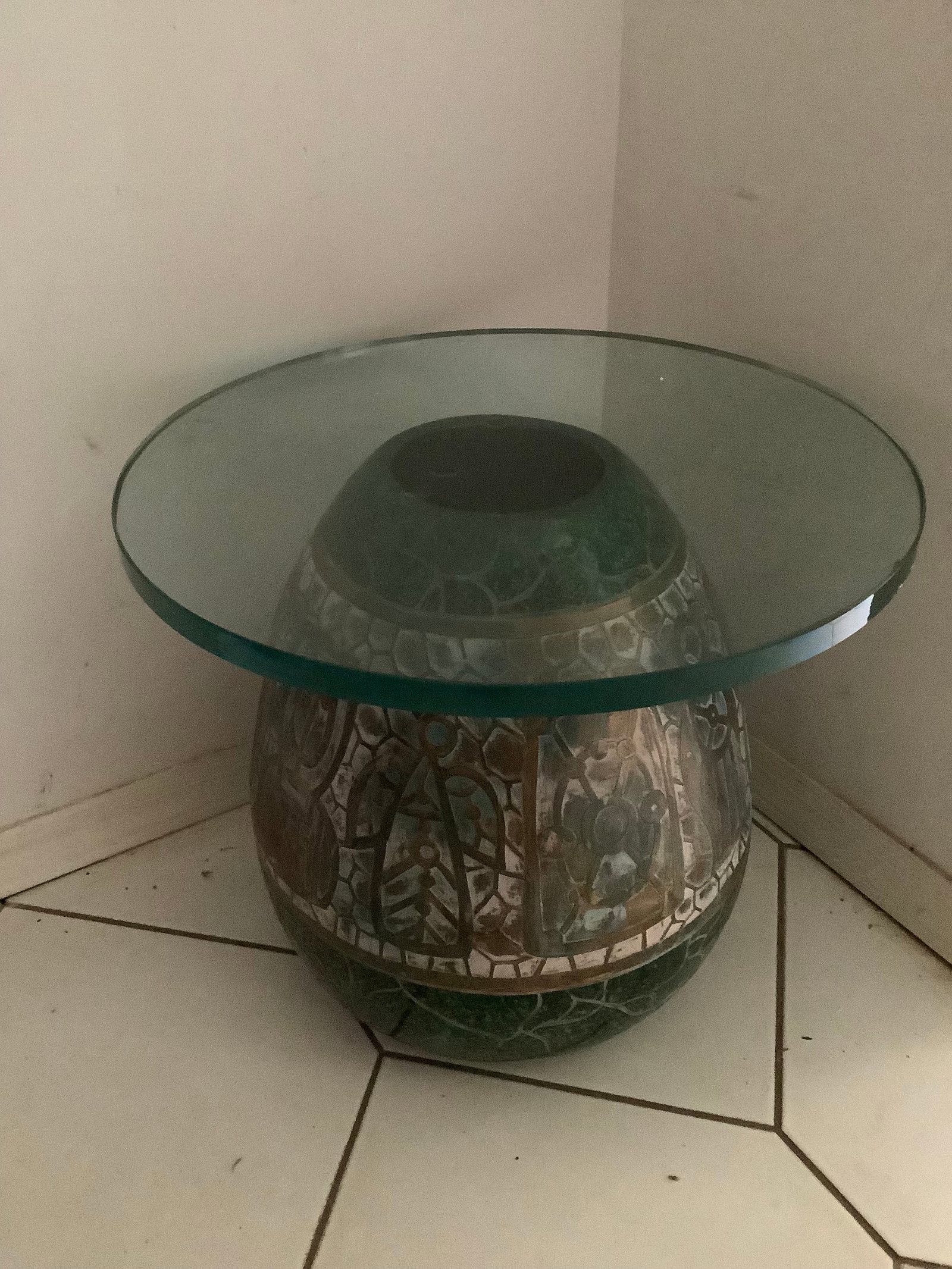 Oriental jug and glass top table: Oriental jug and glass top table