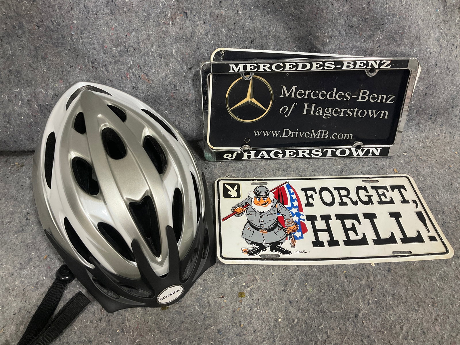 Mercedes Benz license plate frame, Forget Hell novelty license plate, and bike helmet: Mercedes Benz license plate frame, Forget Hell novelty license plate, and bike helmet