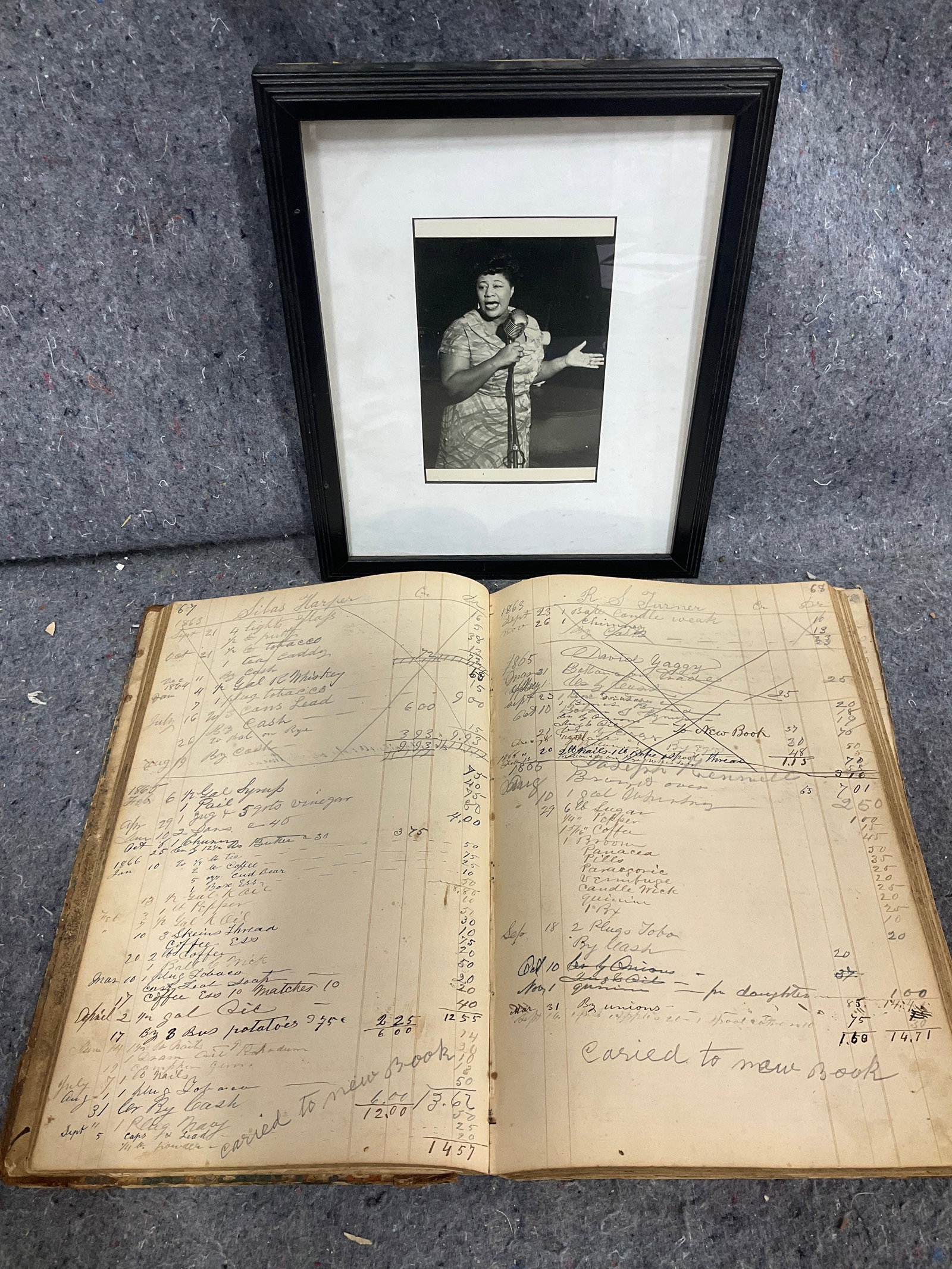 Ella Fitzgerald framed print(9inx11in) and vintage account book: Ella Fitzgerald framed print(9inx11in) and vintage account book