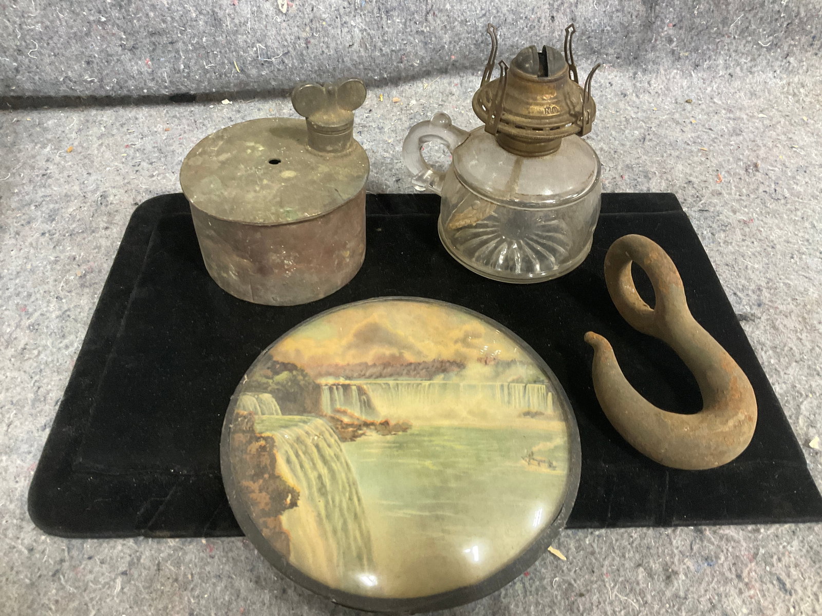 Vintage oil lamp, rustic metal hook, and more: Vintage oil lamp, rustic metal hook, and more