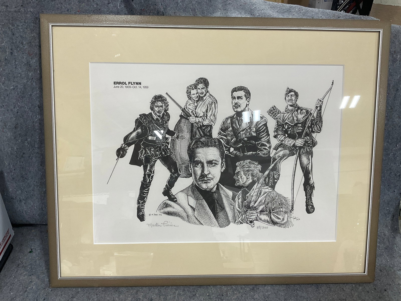 1976 framed Errol Flynn print signed M. Timins(23.5inx29.5in): 1976 framed Errol Flynn print signed M. Timins(23.5inx29.5in)