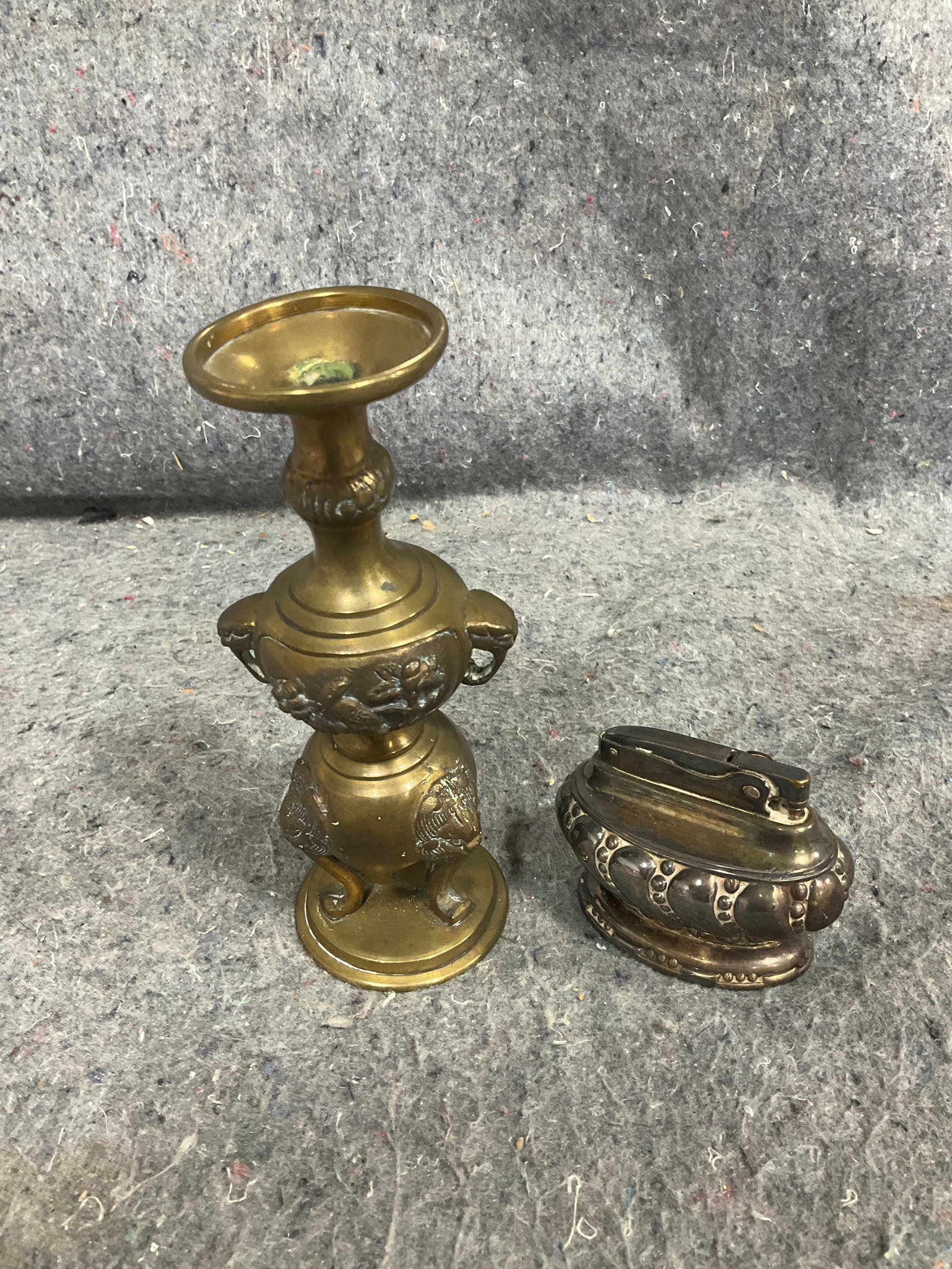 Vintage silver plated Ronson Crown table lighter and brass candlestick (1 of 1)