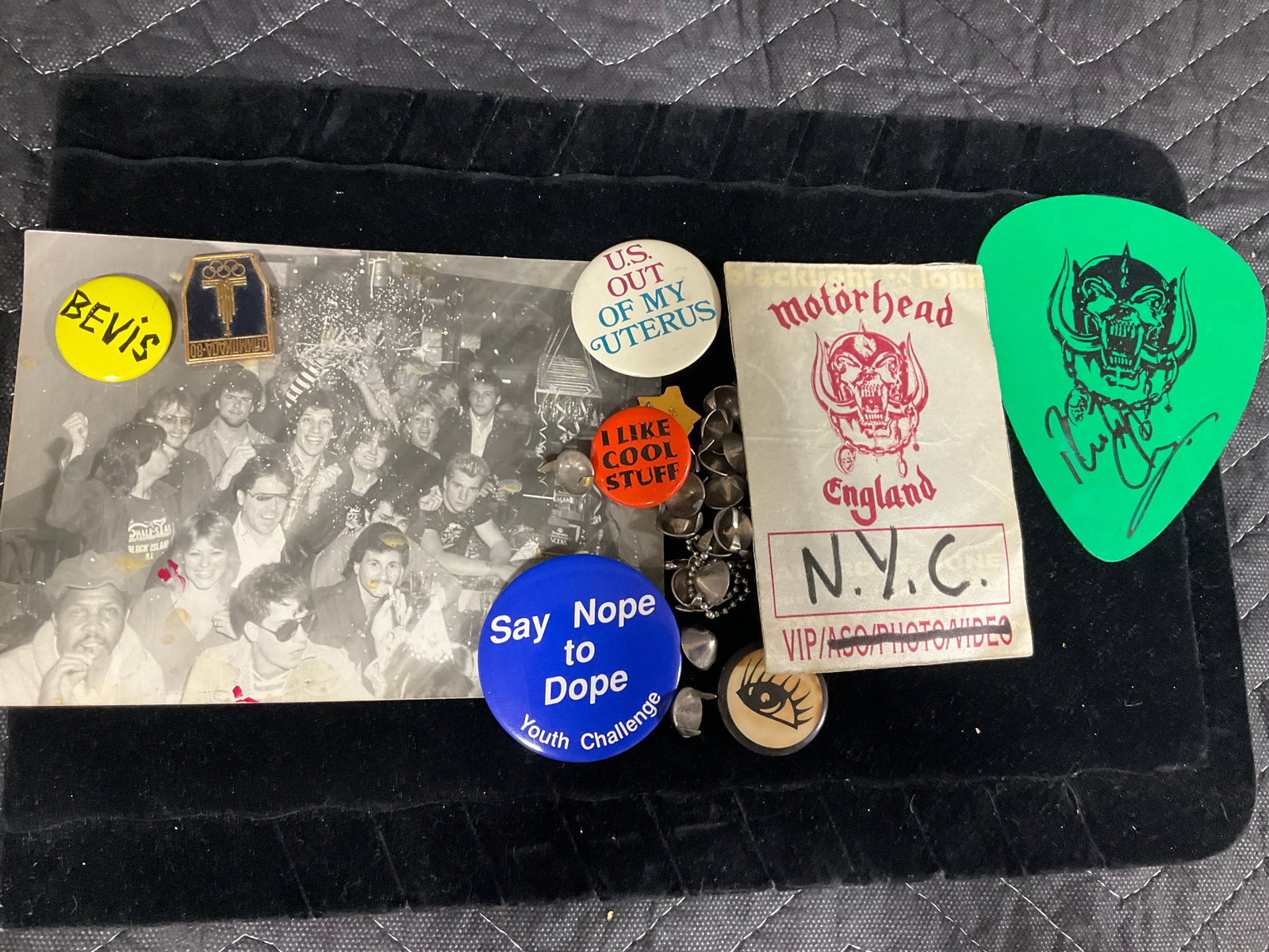 Vintage pins, signed large guitar pick, and more: Vintage pins, signed large guitar pick, and more