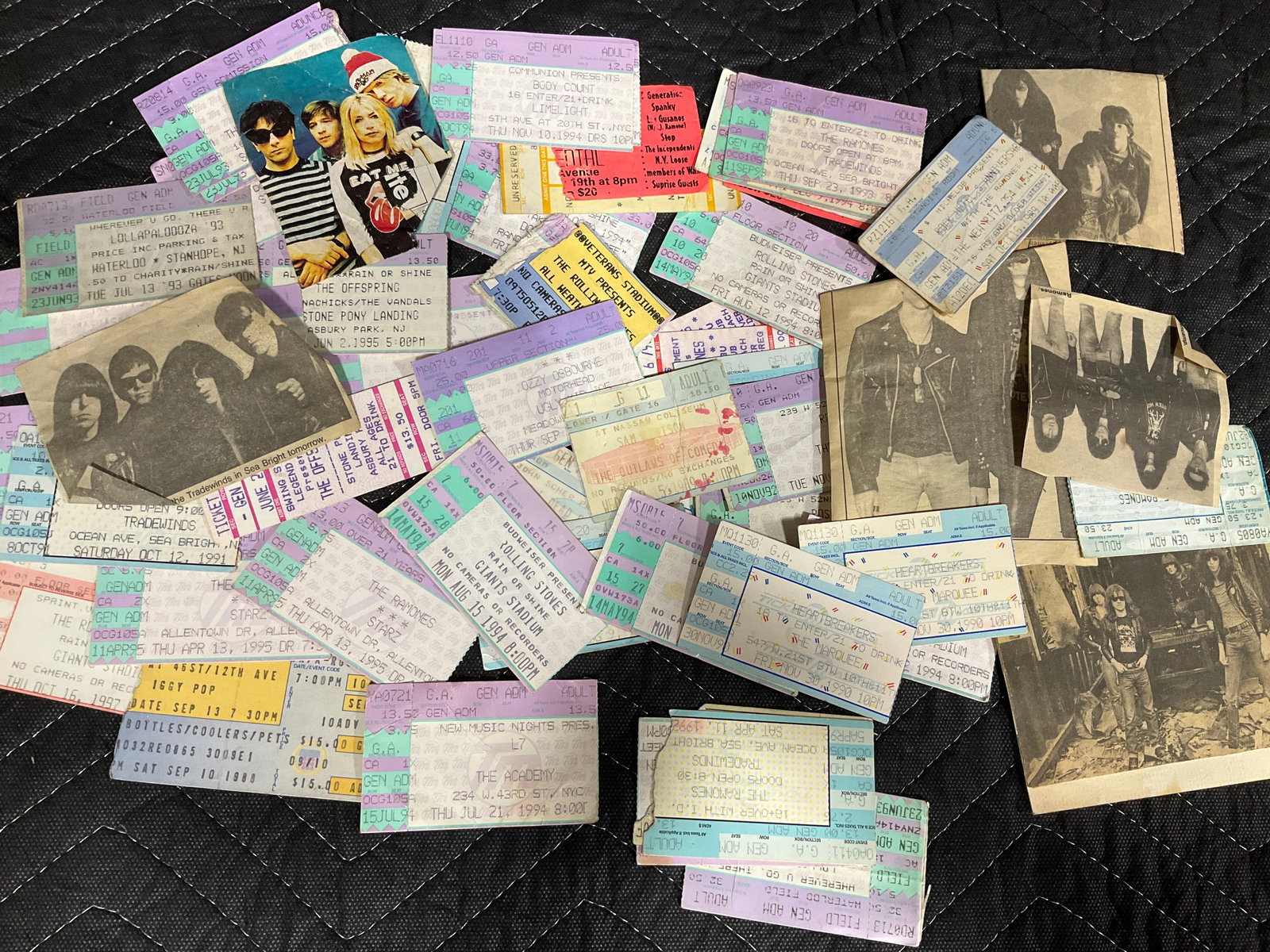 Vintage rock cutouts and concert tickets: Vintage rock cutouts and concert tickets