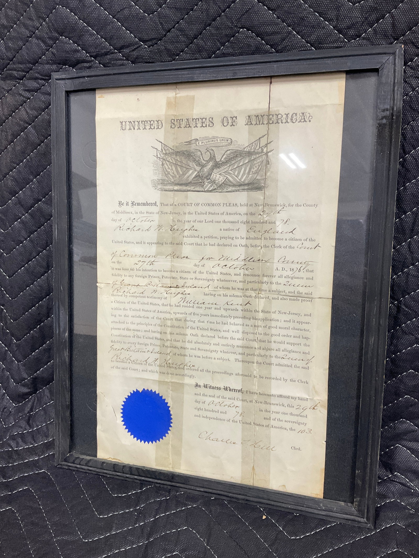 Framed 1878 citizenship paperwork(12inx15in): Framed 1878 citizenship paperwork(12inx15in)