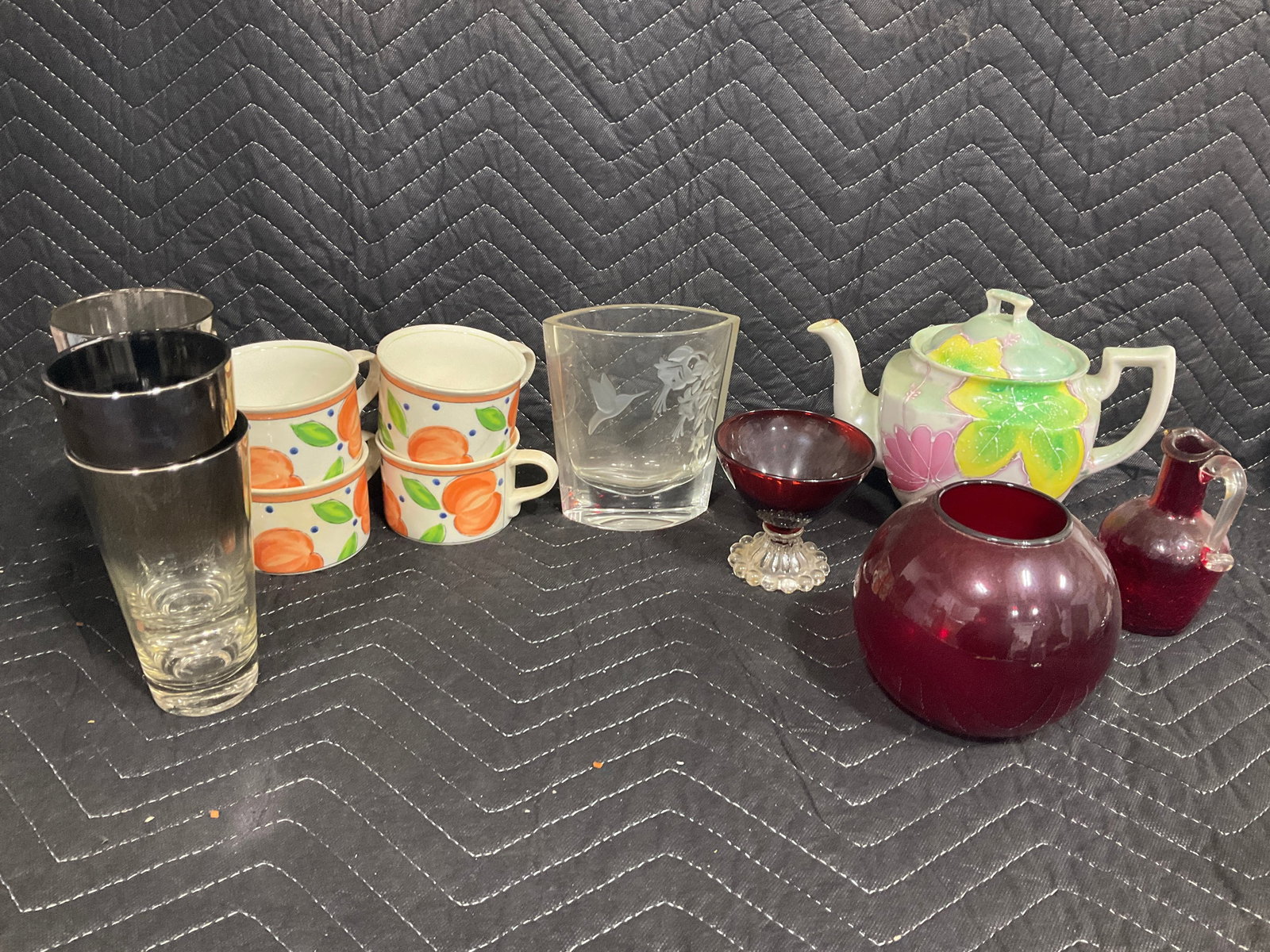 Various Red Glass Pitcher/Vases, Handpainted Teapot, Drinking Glasses, and more (Tallest - 7in (1 of 1)