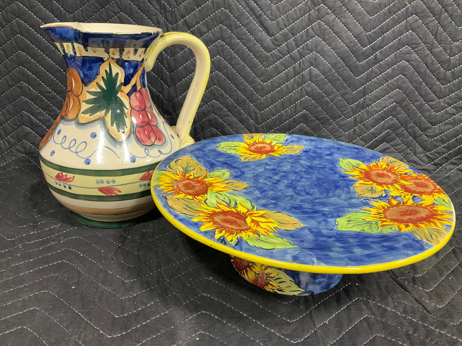 Handpainted Ceramic Pitcher, and Footed Dish (Tallest - 10.5in): Handpainted Ceramic Pitcher, and Footed Dish (Tallest - 10.5in)