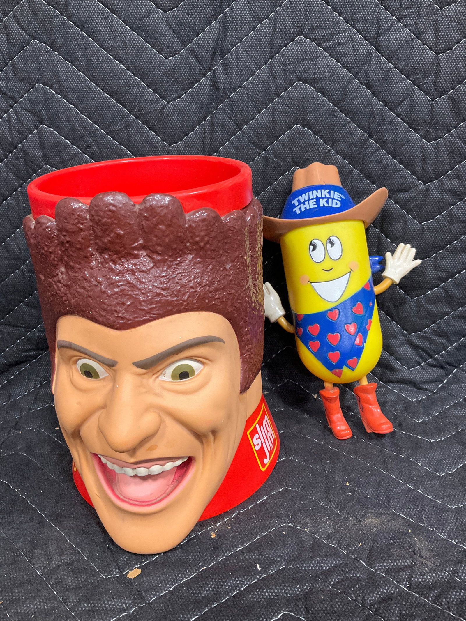 Vintage 1990s Slim Jim Plastic Display Mug, and Trinkie the Kid Container: Vintage 1990s Slim Jim Plastic Display Mug, and Trinkie the Kid Container
