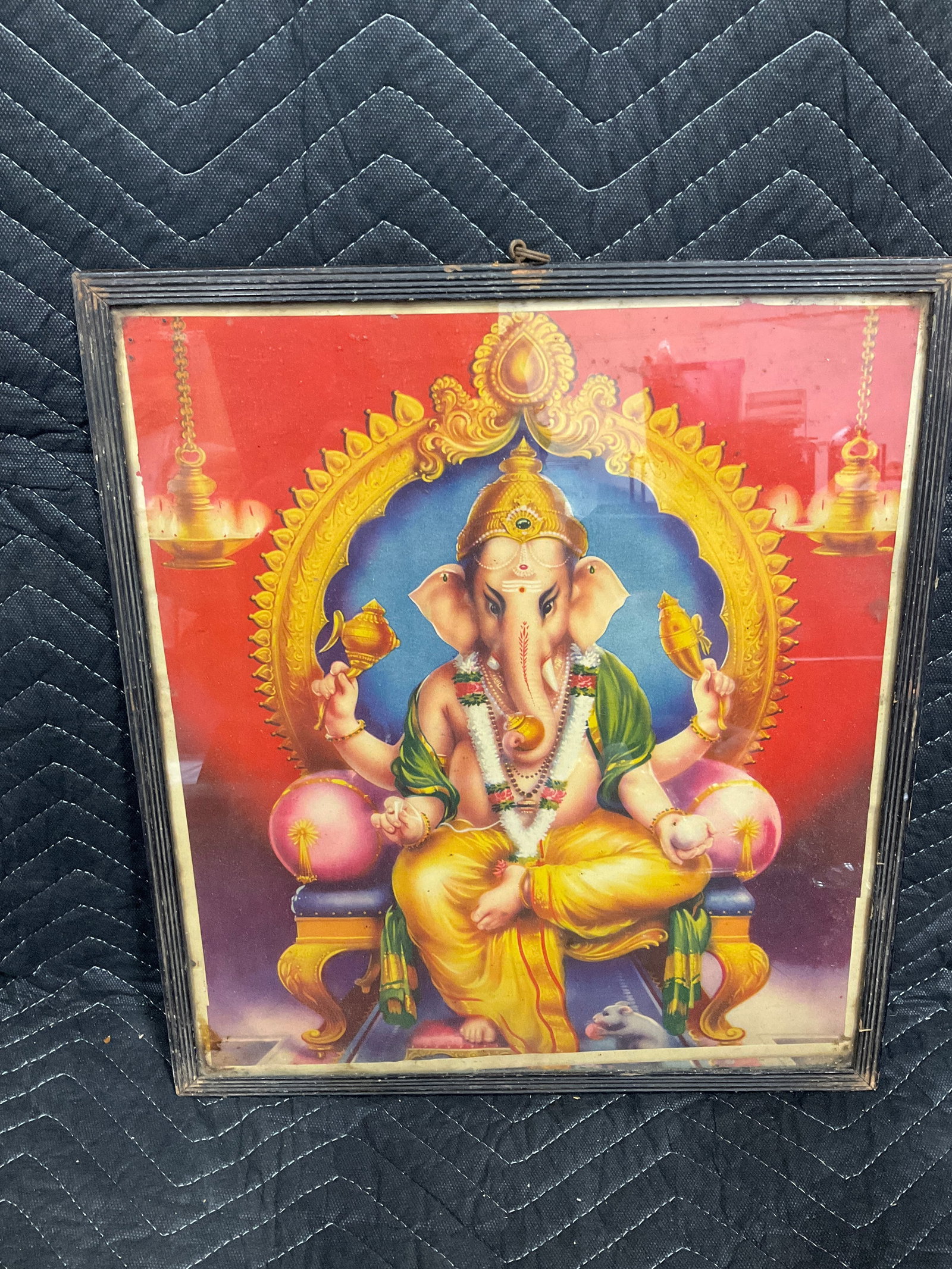 1970s framed Hindu deity Ganesha print(14 nx16.5in): 1970s framed Hindu deity Ganesha print(14 nx16.5in)