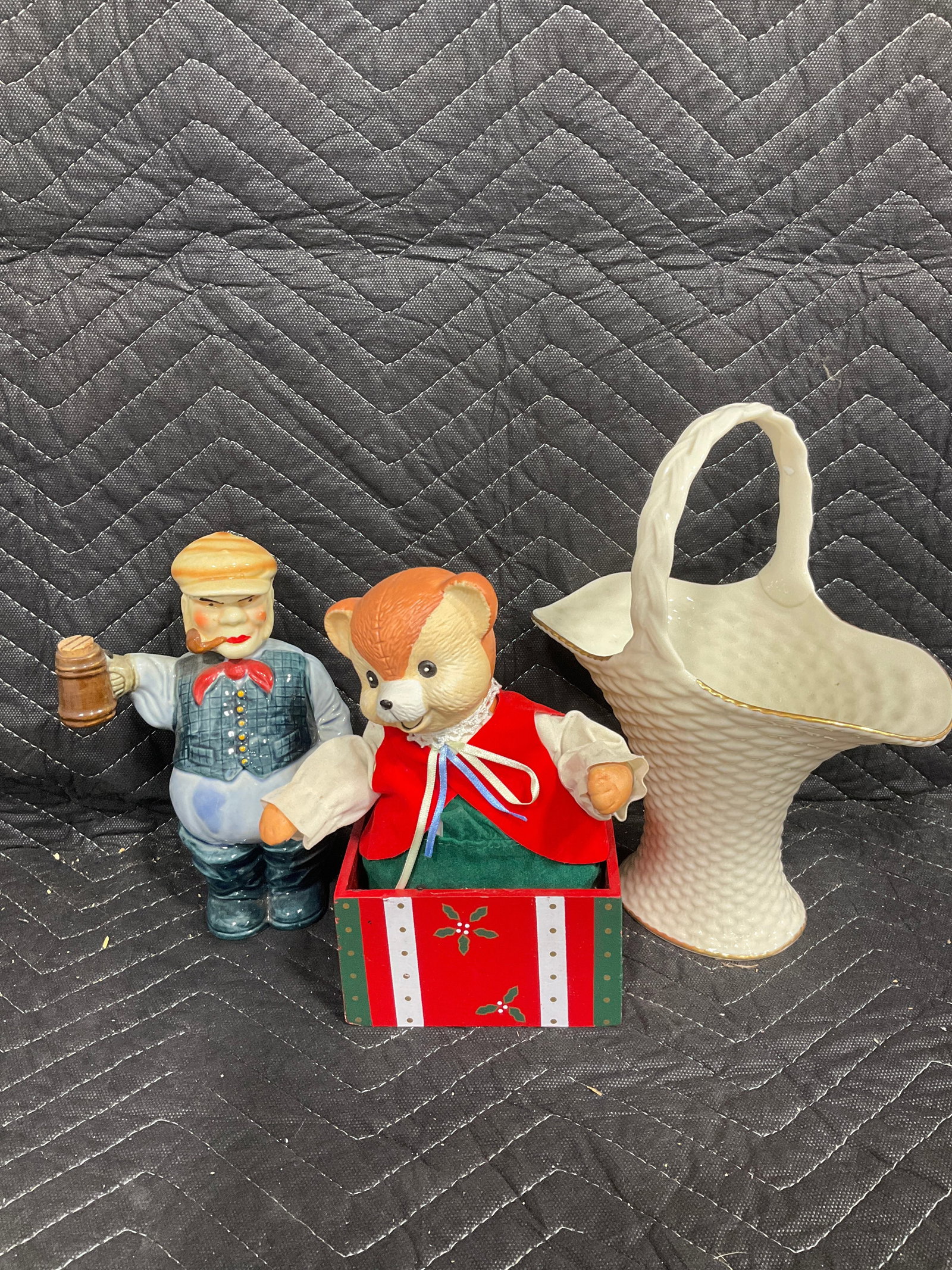 Lenox basket, ceramic figure, and vintage teddy christmas music box(tallest 10.5in): Lenox basket, ceramic figure, and vintage teddy christmas music box(tallest 10.5in)