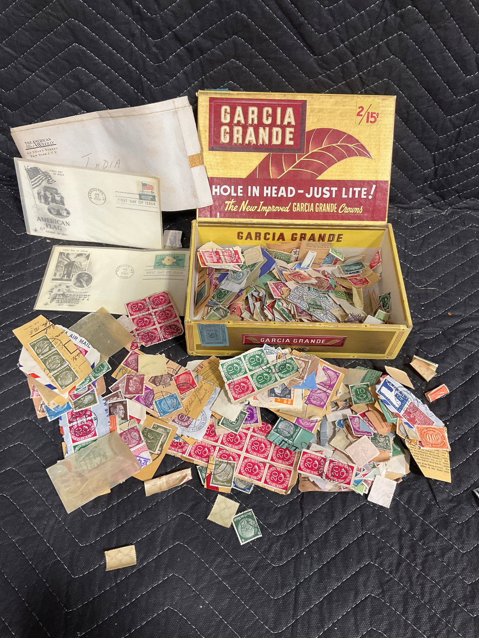 Vintage stamps and Garcia Grande cigar box (1 of 1)