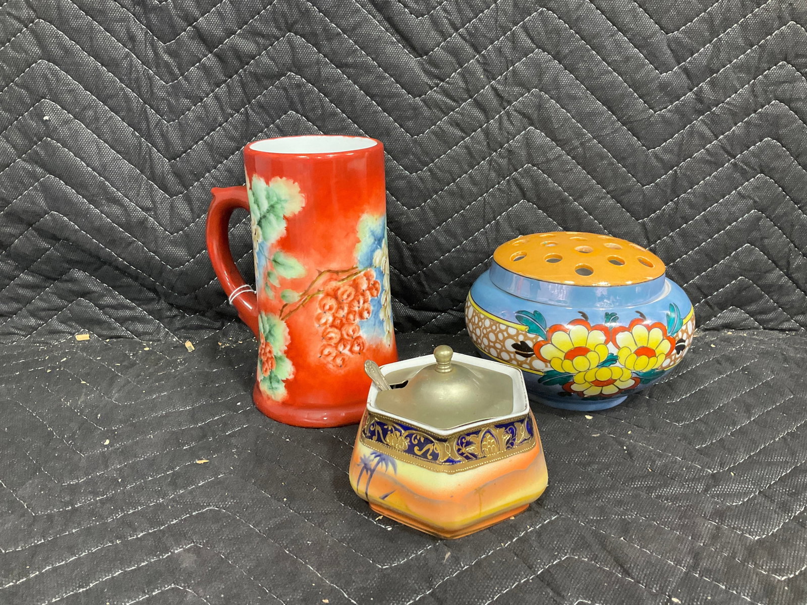 Hexagonal lidded porcelain pot, vintage gouda pottery flower frog, and more(6in tallest) (1 of 1)