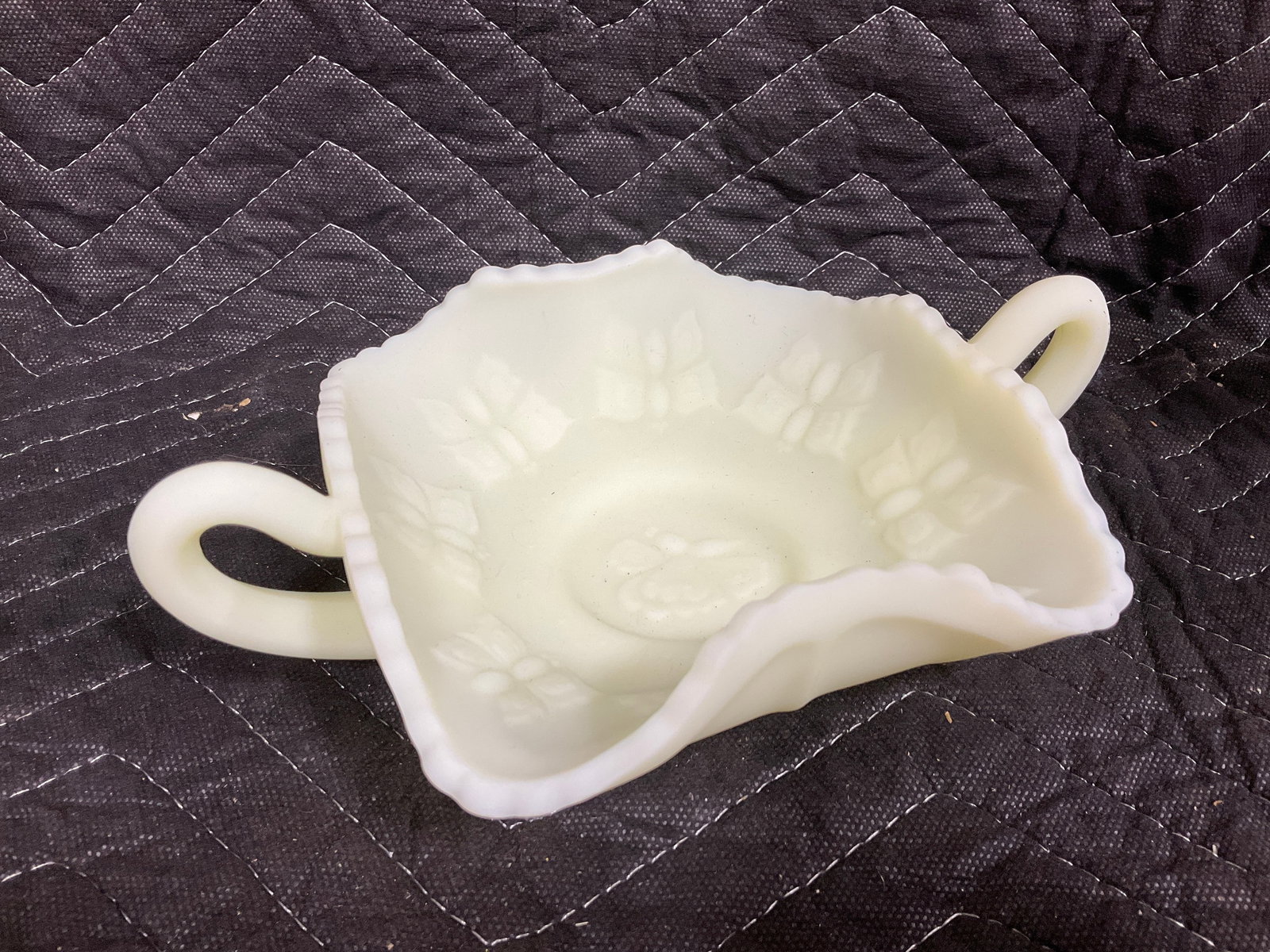 Vintage Fenton satin custard glass handled dish(3in tall) (1 of 1)