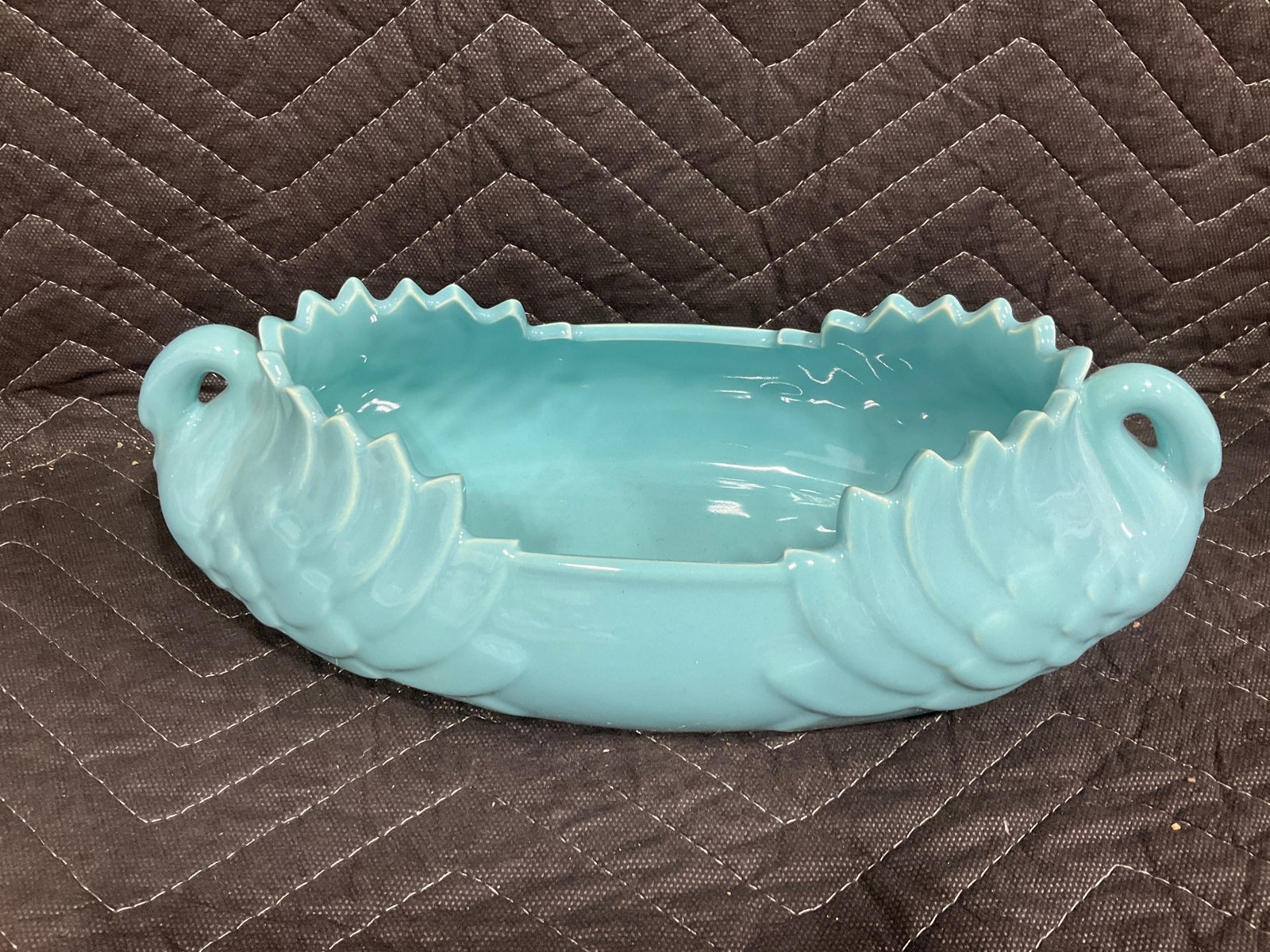Vintage California Aborn Pottery turquoise bonsai planter tray with scalloped edge(12in long) (1 of 1)